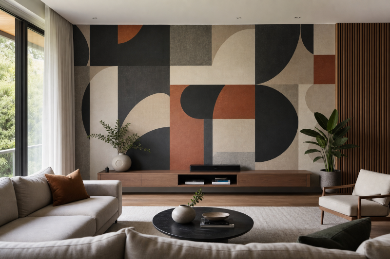 Mural wallpaper feature wall in a living room