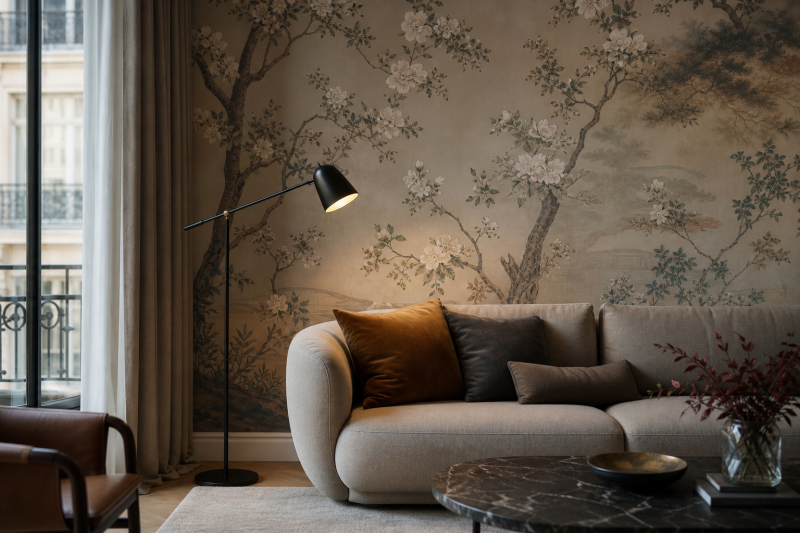 Custom mural wallpaper composition with detailed artwork