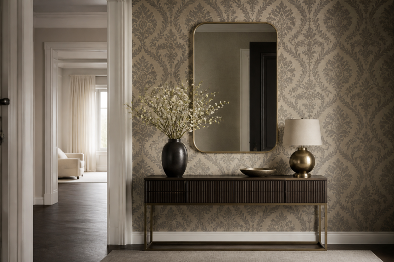 Prepared entry wall for mural wallpaper