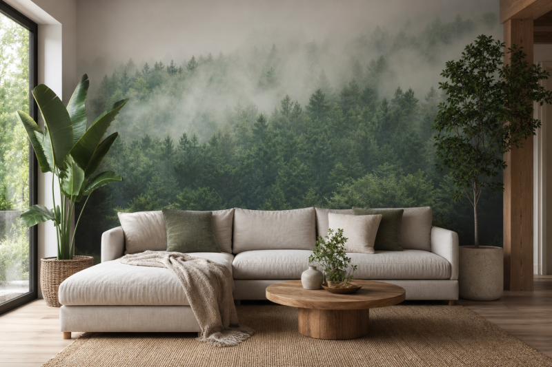 Soft mural wallpaper design on a feature wall