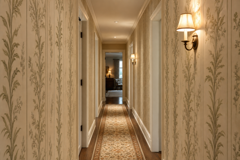 Vertical mural wallpaper pattern in a hallway