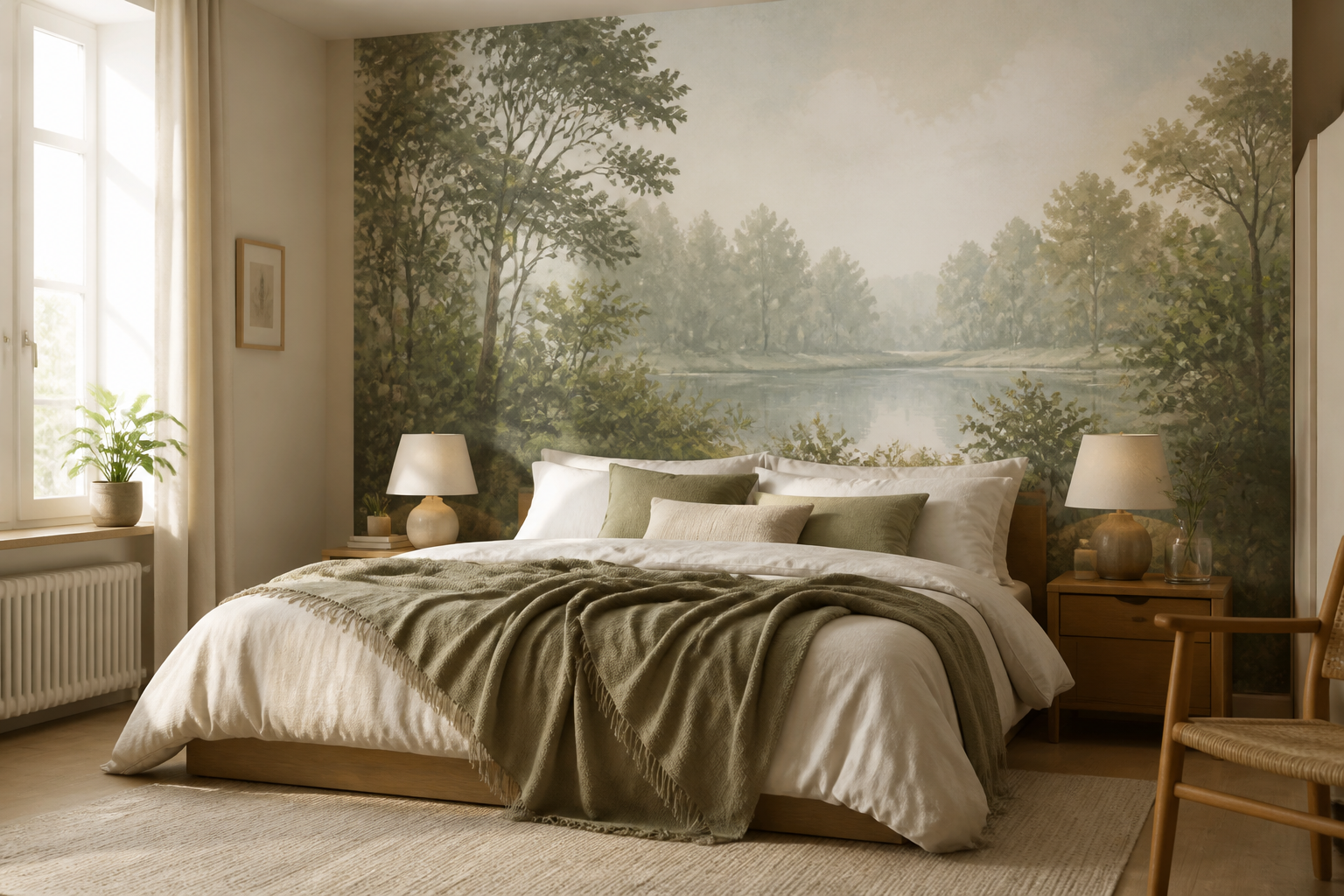 Bedroom with a custom-sized nature wallpaper mural behind the bed