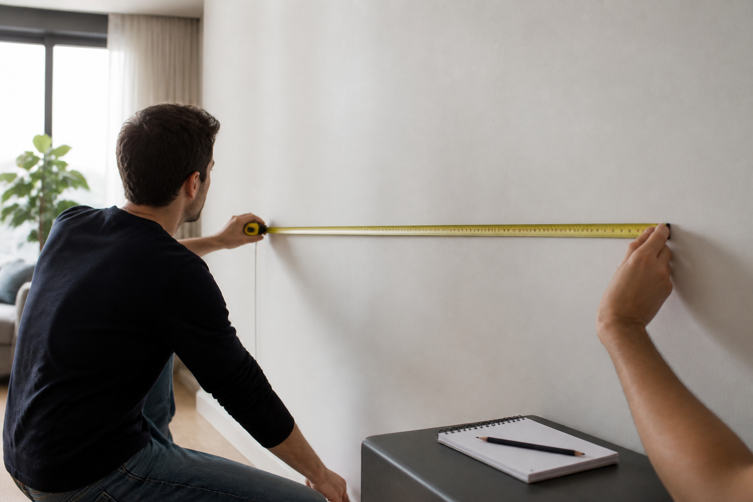 Measuring a wall with a tape measure before ordering a custom wallpaper mural