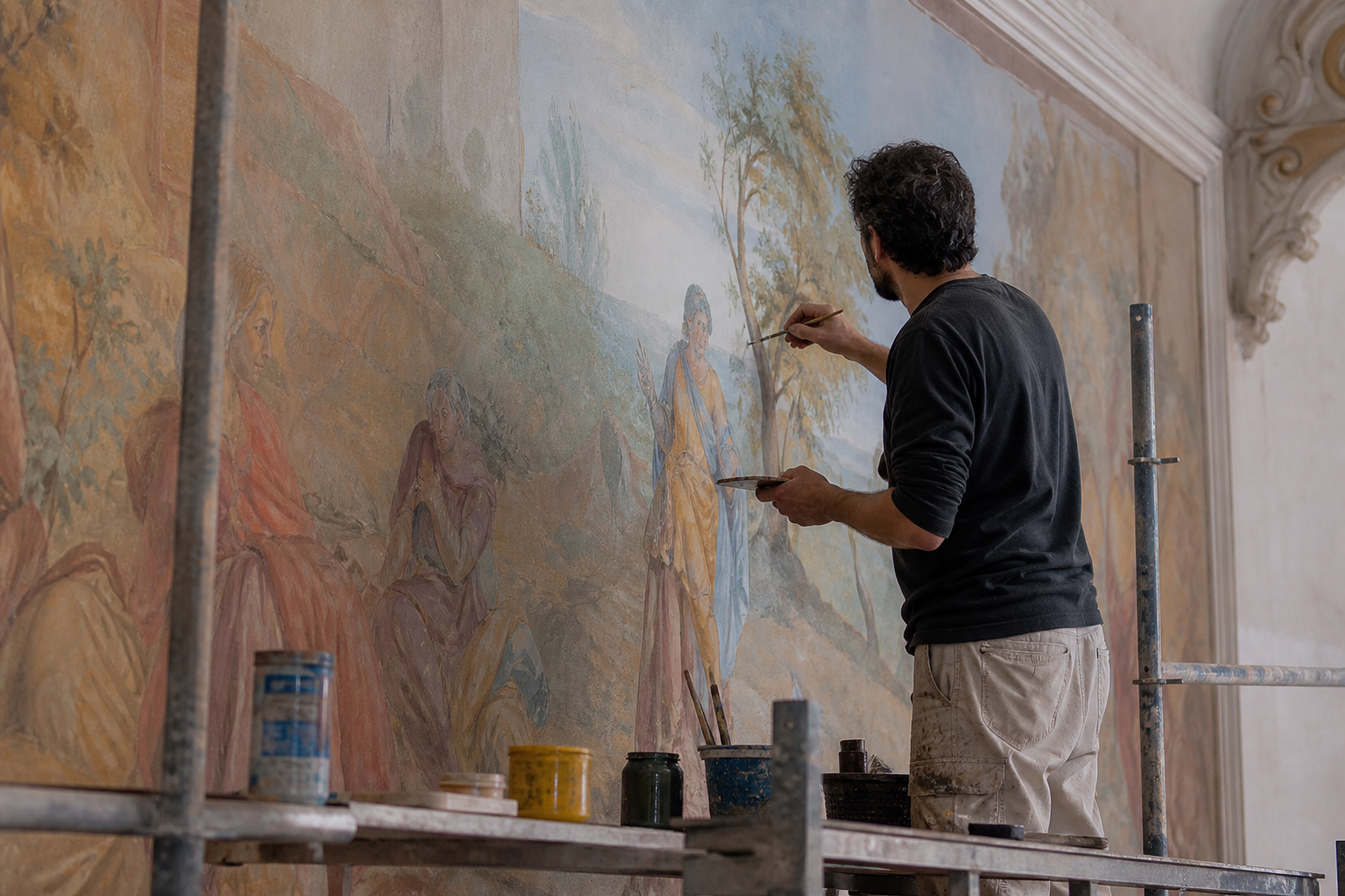 Artist painting a traditional wall mural directly onto interior plaster