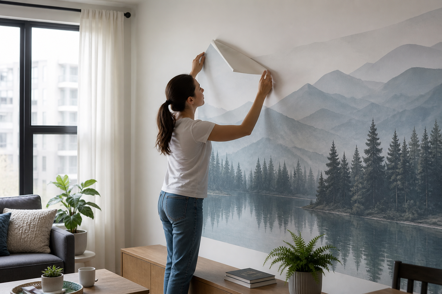 Installing a removable wallpaper mural panel on a living room wall