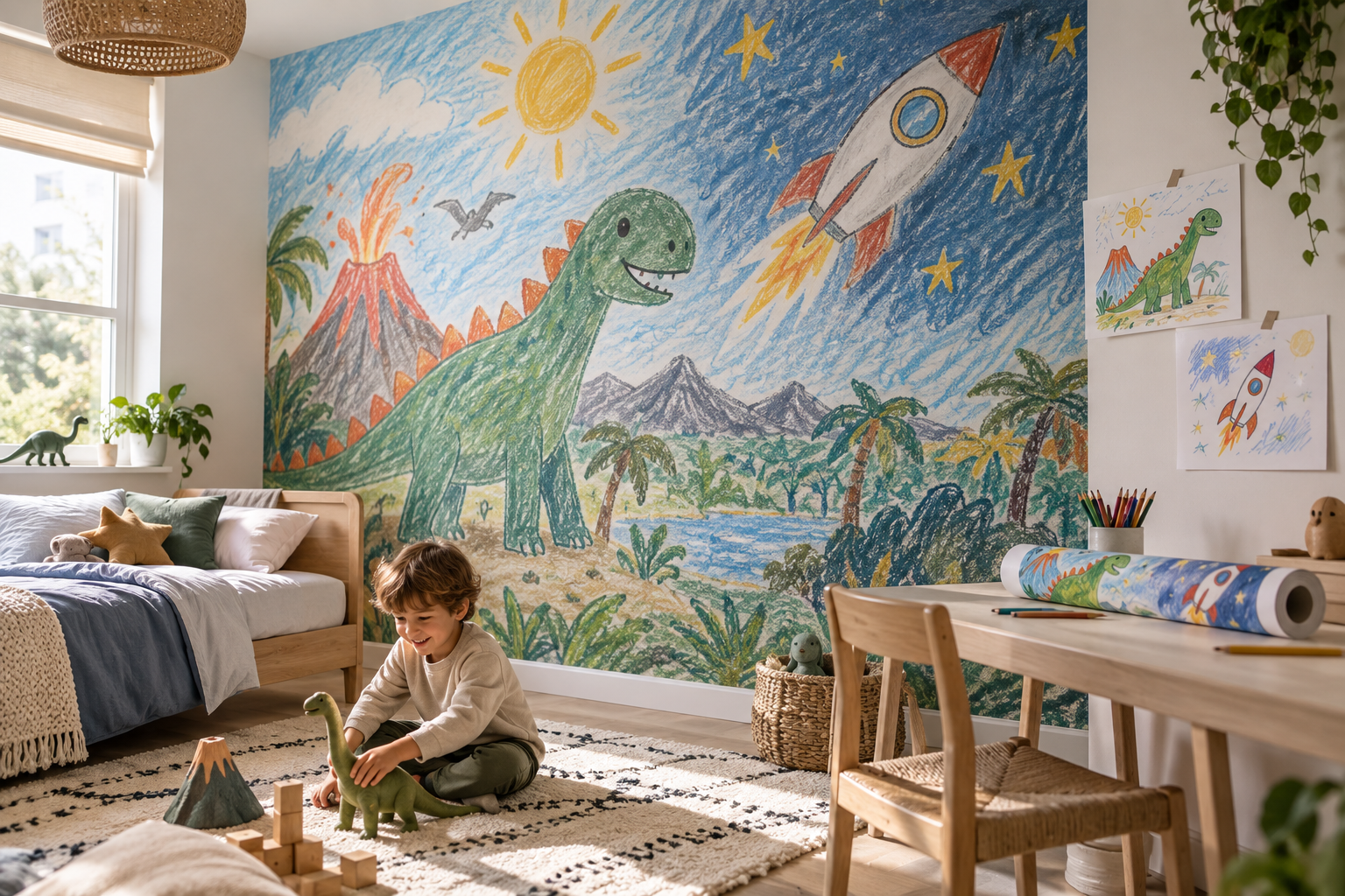 Children's drawing transformed into custom bedroom wallpaper
