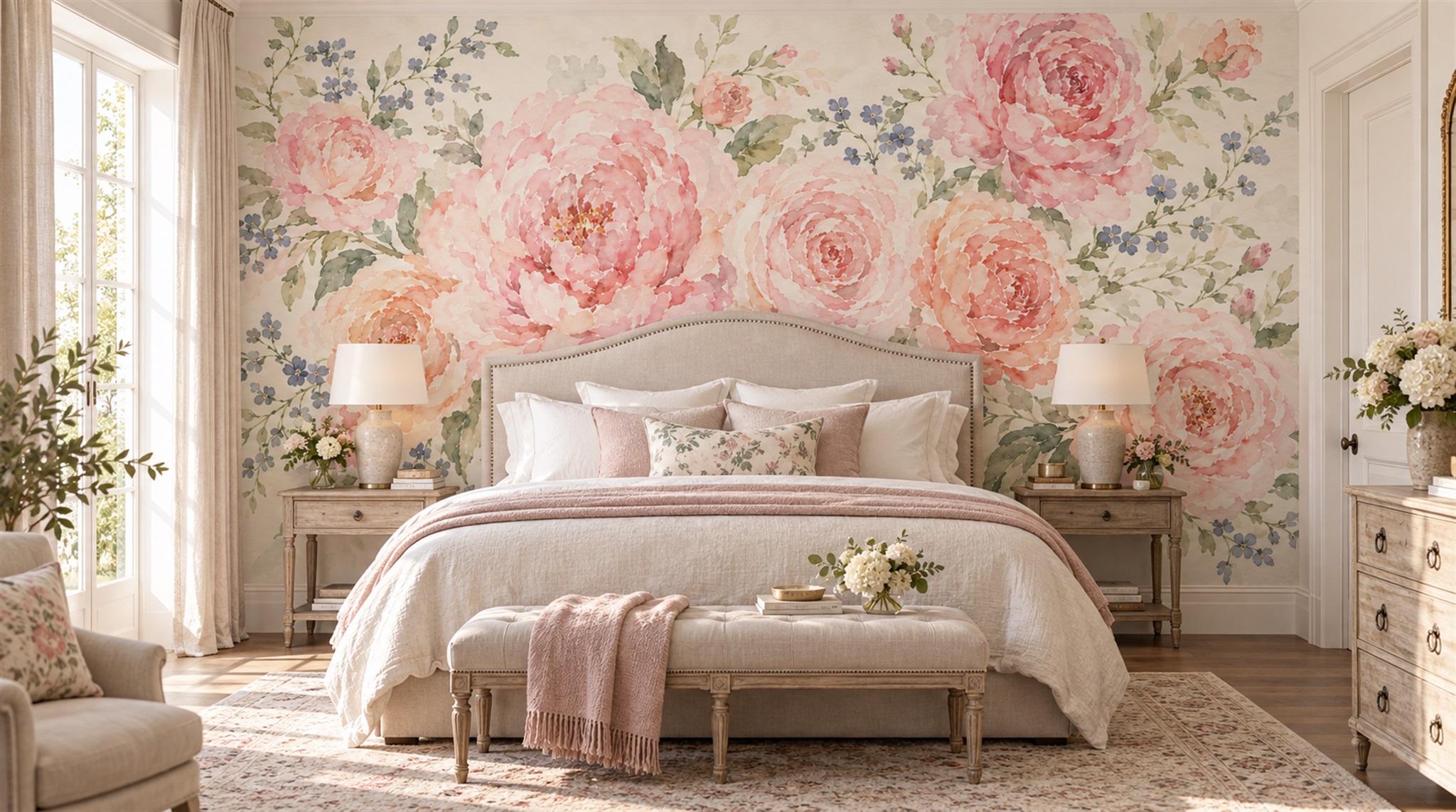 Pink Floral Foliage Wallpaper Mural