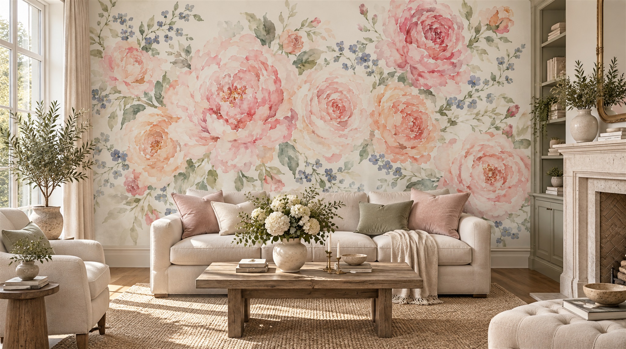 Pink Floral Foliage Wallpaper Mural Scene