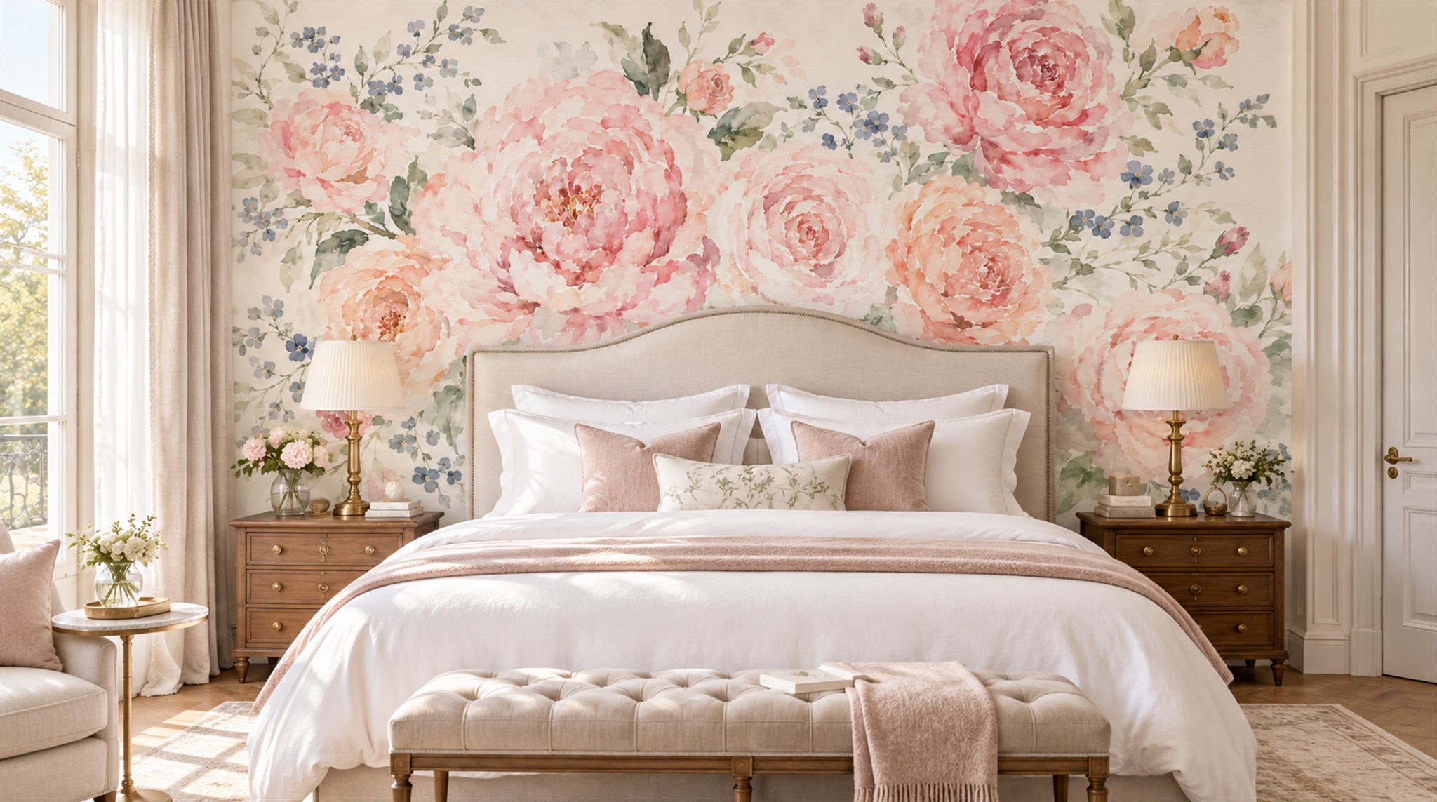 Pink Floral Foliage Wallpaper Mural Scene