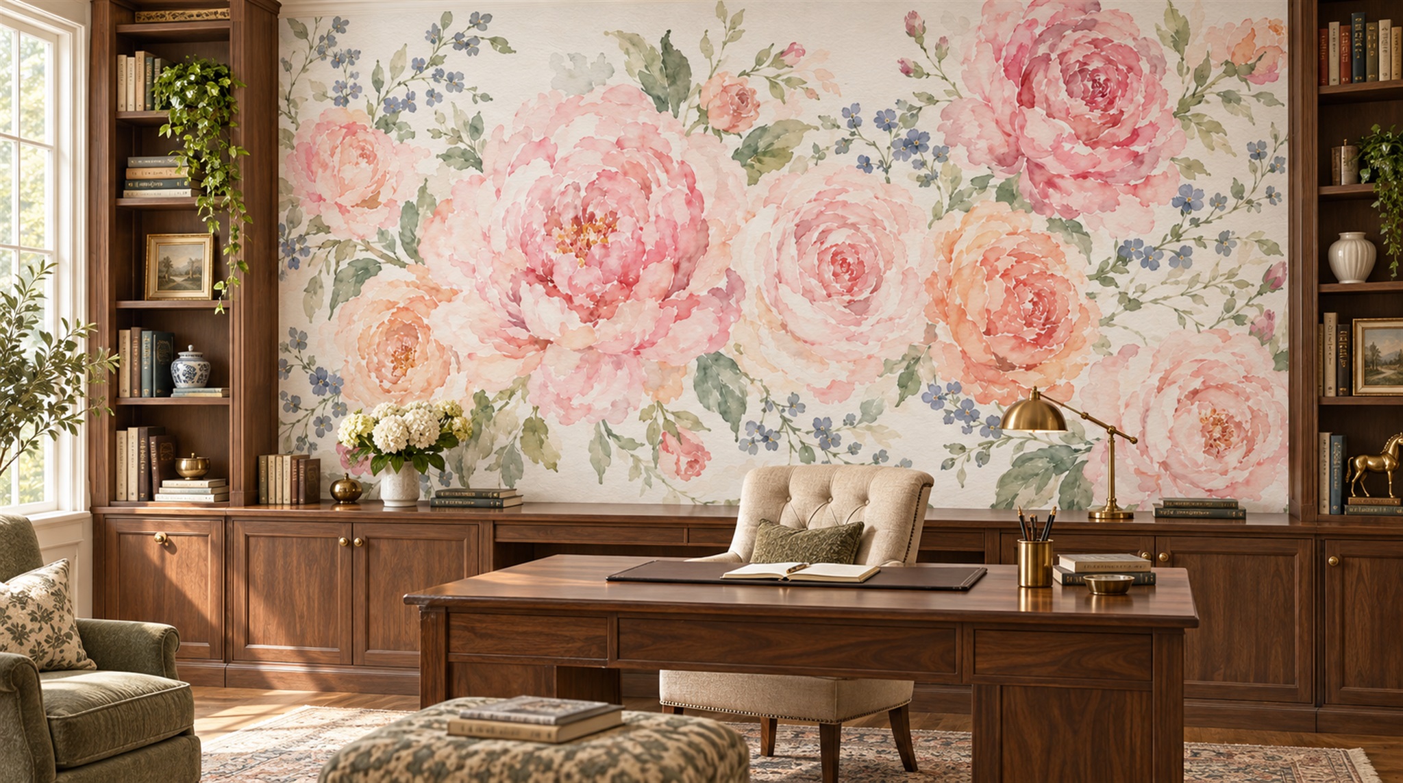 Pink Floral Foliage Wallpaper Mural Scene