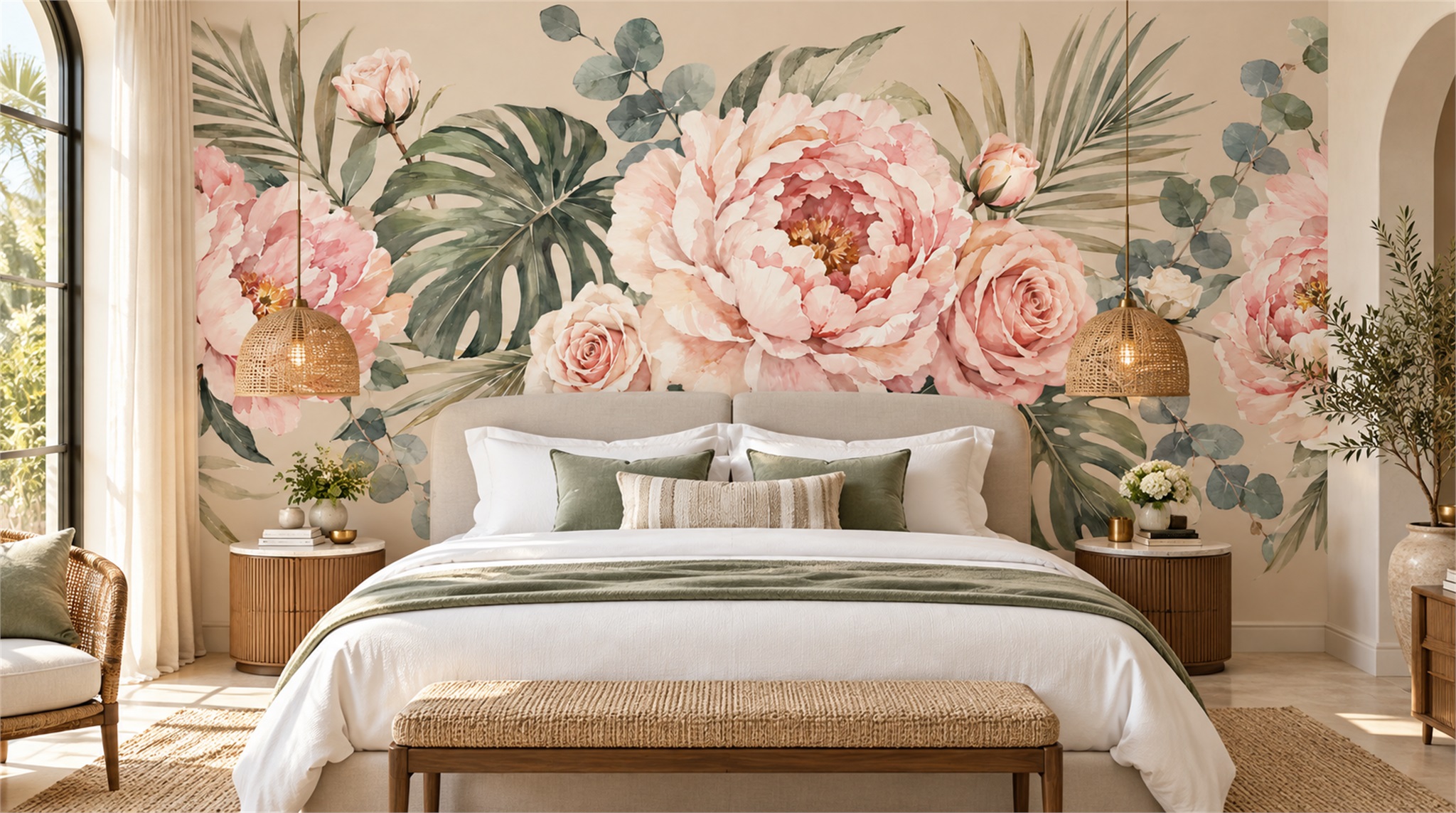 Sage Green Floral Foliage Wallpaper Mural Scene