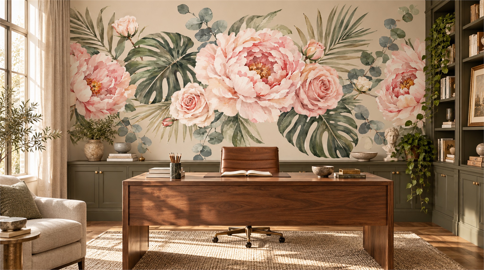 Sage Green Floral Foliage Wallpaper Mural Scene
