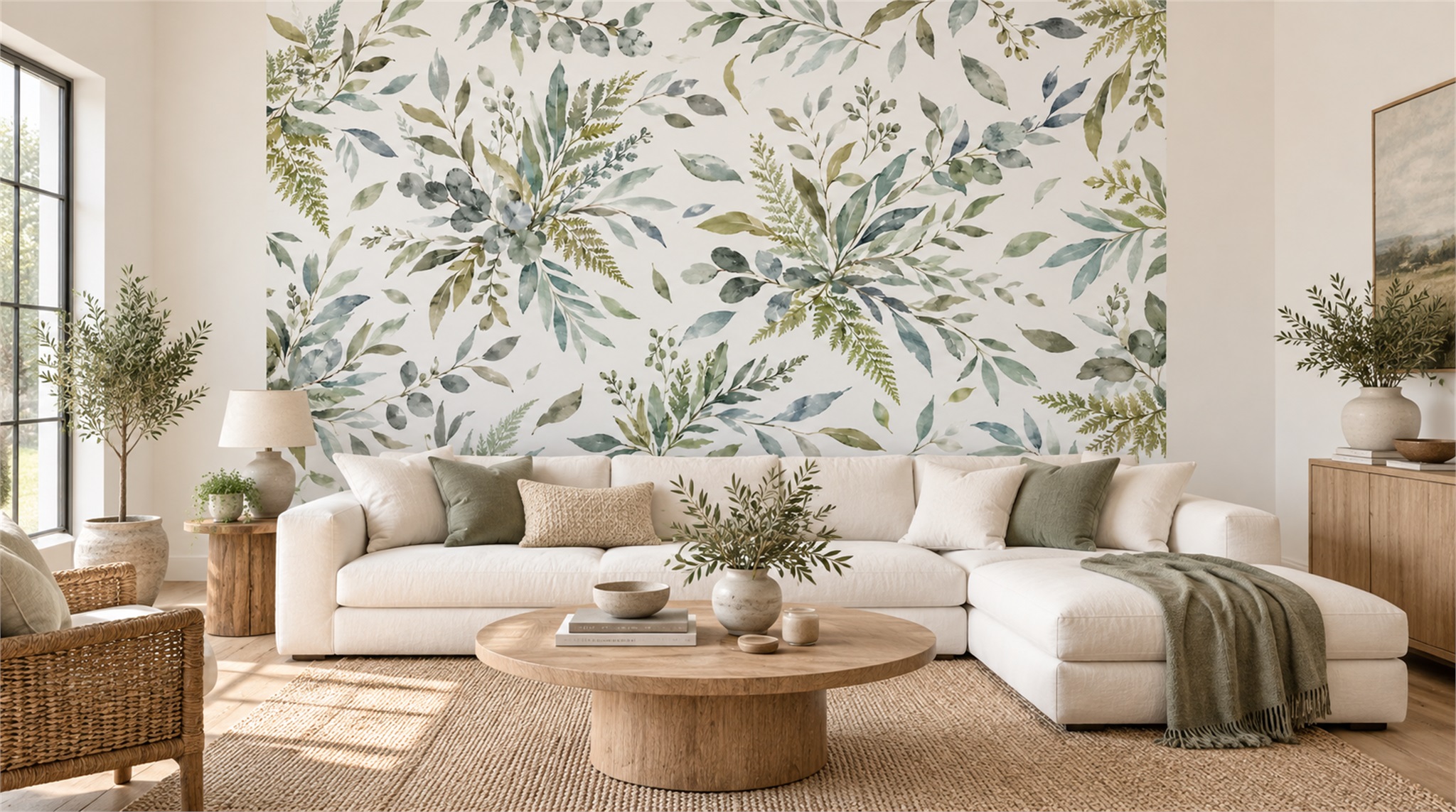Sage Green Leaf Patterning Wallpaper Mural