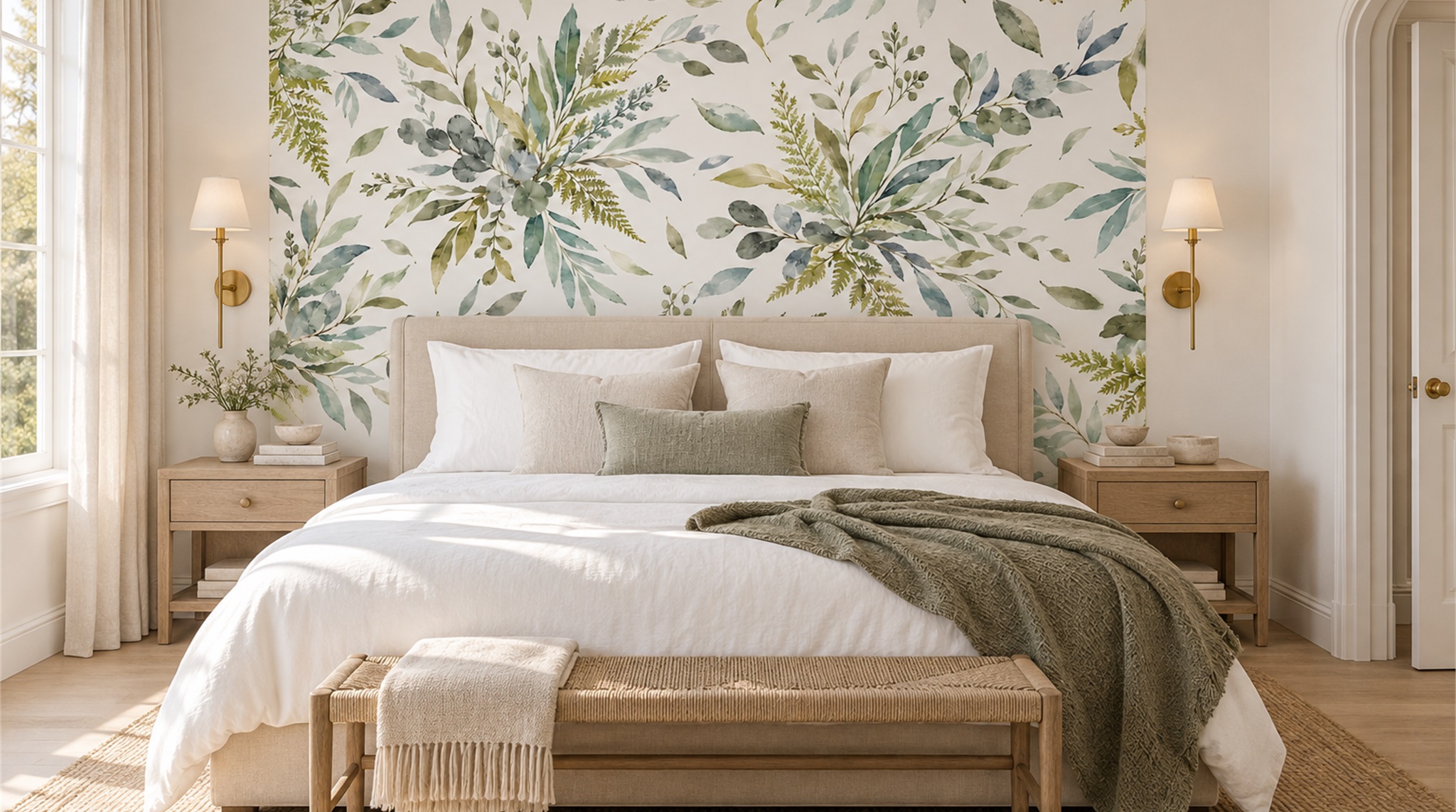 Sage Green Leaf Patterning Wallpaper Mural Scene