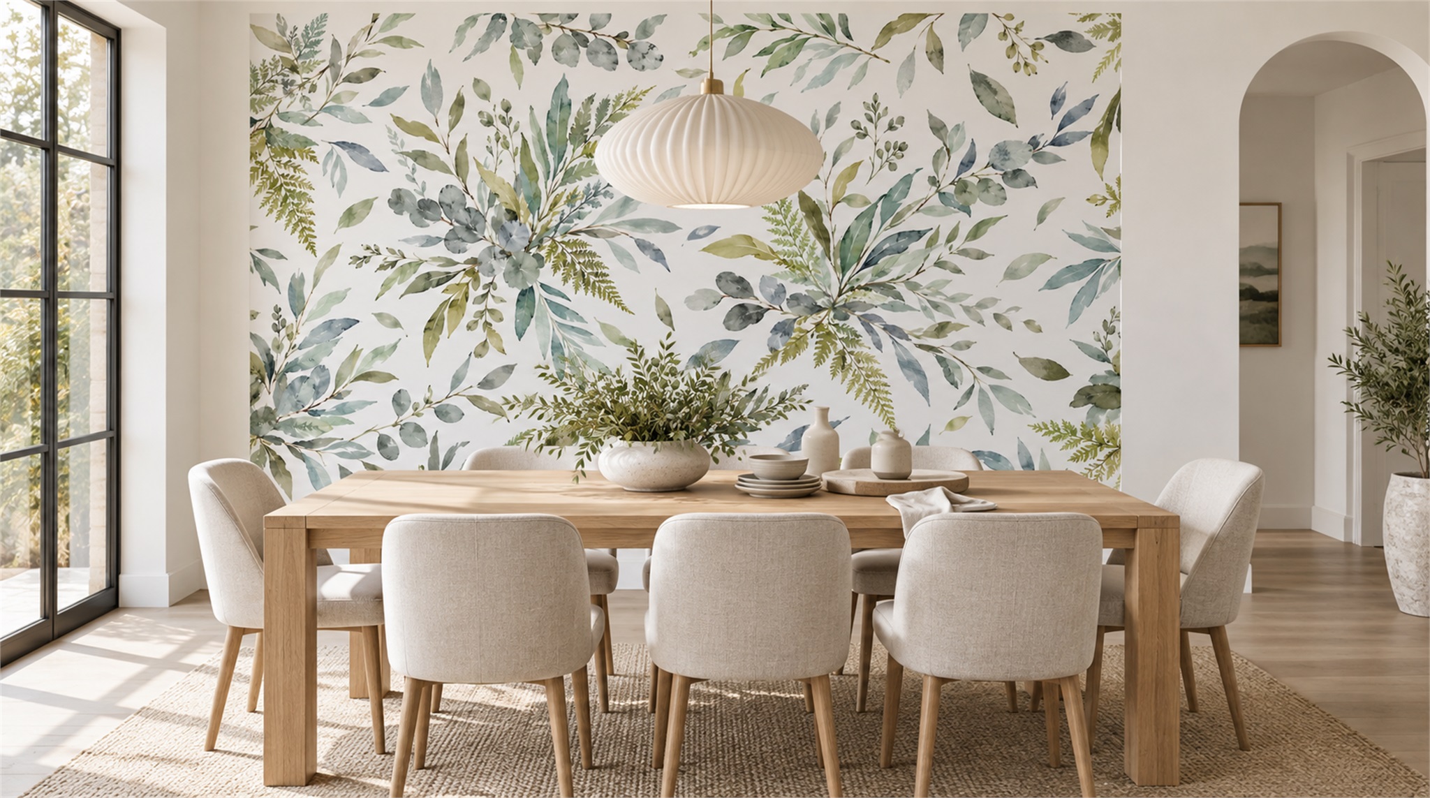 Sage Green Leaf Patterning Wallpaper Mural Scene