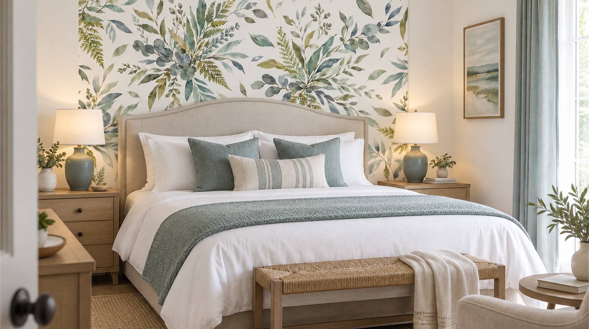 Sage Green Leaf Patterning Wallpaper Mural Scene