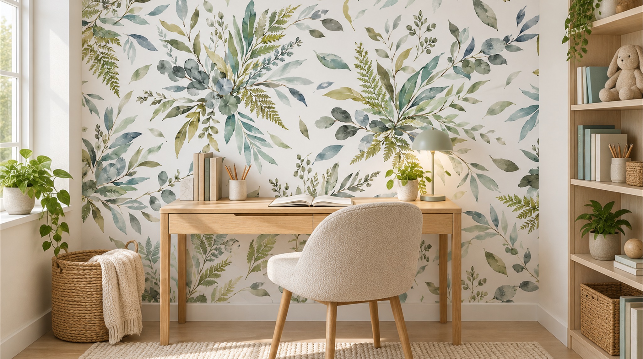 Sage Green Leaf Patterning Wallpaper Mural Scene
