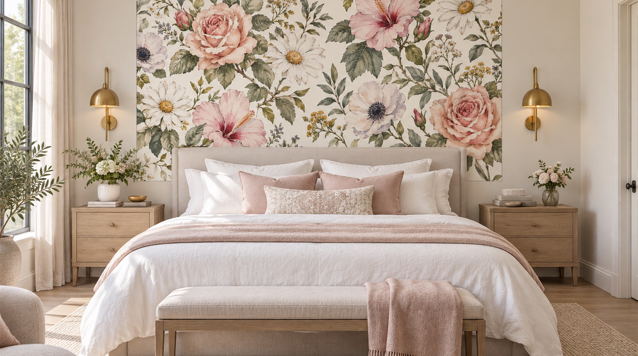 Neutral Floral Foliage Wallpaper Mural Scene