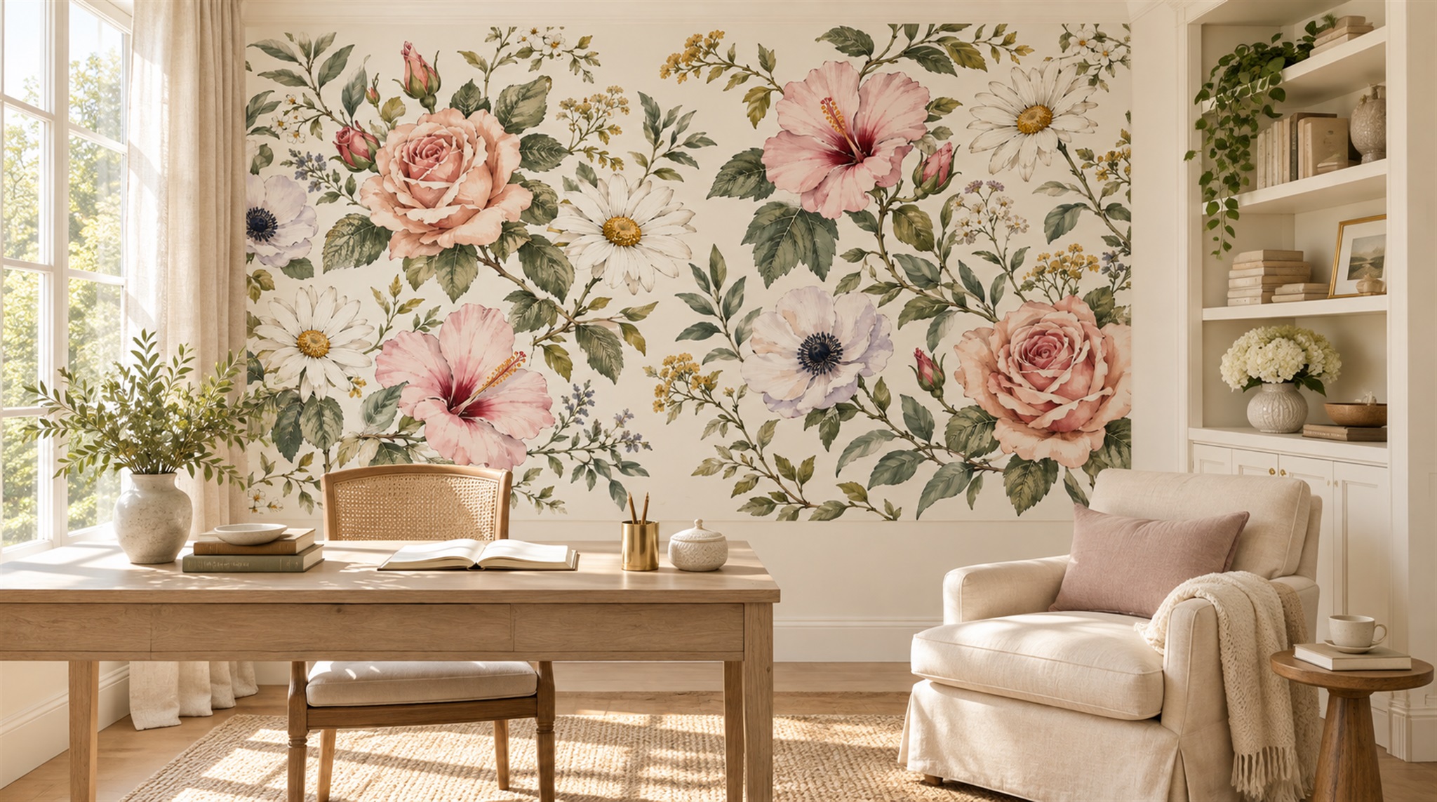 Neutral Floral Foliage Wallpaper Mural Scene