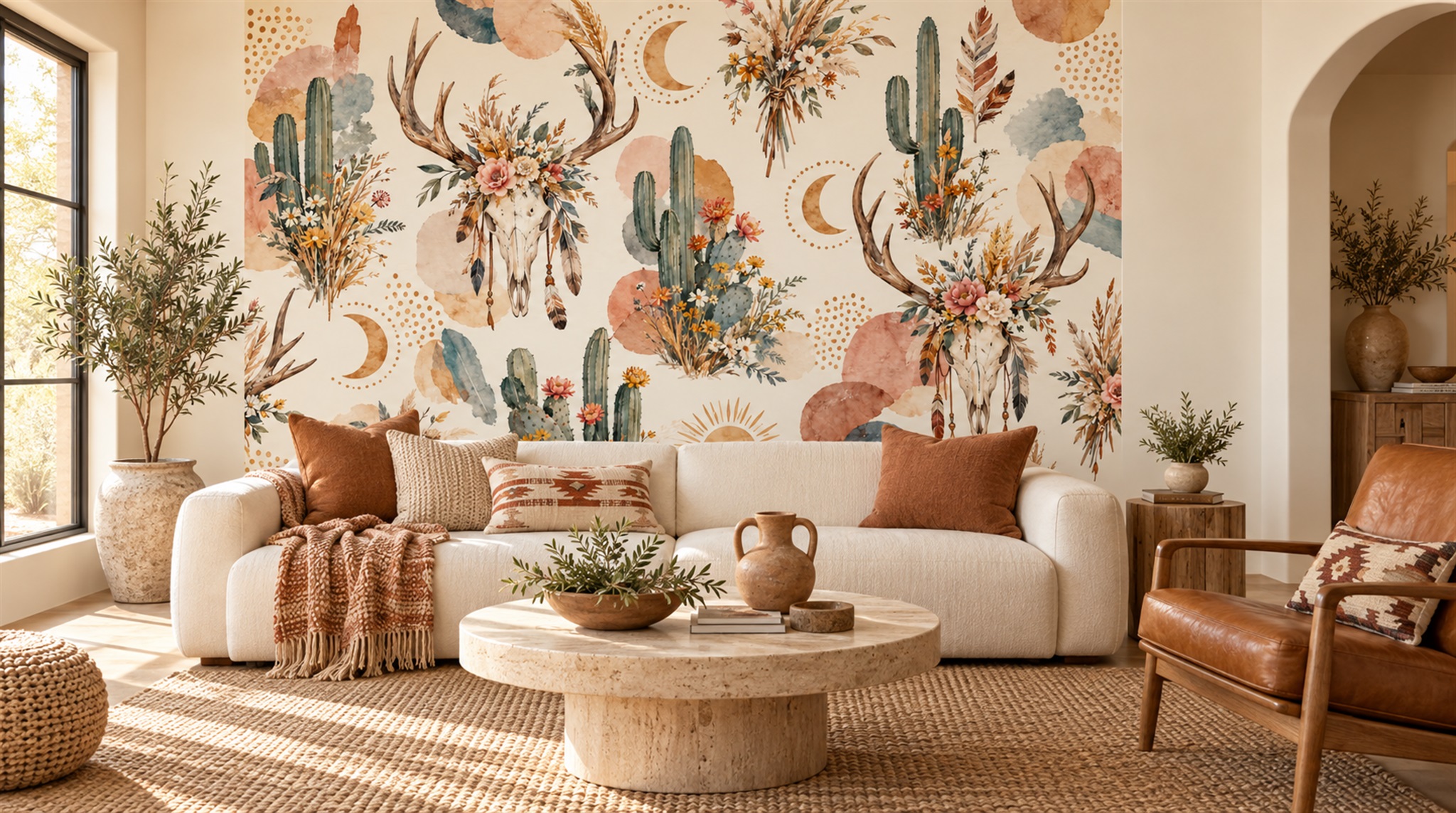 Neutral Leaf Patterning Wallpaper Mural