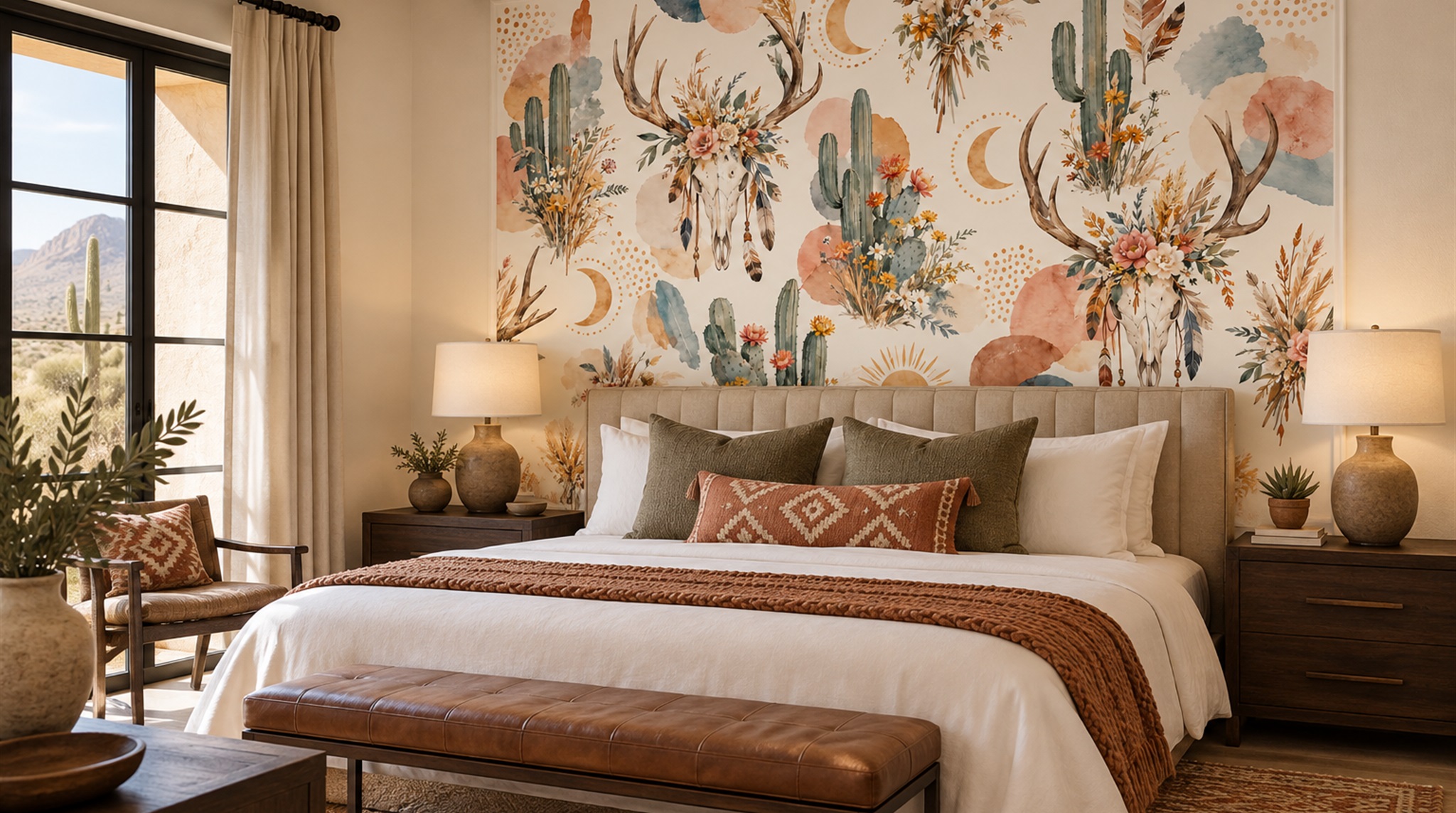 Neutral Leaf Patterning Wallpaper Mural Scene