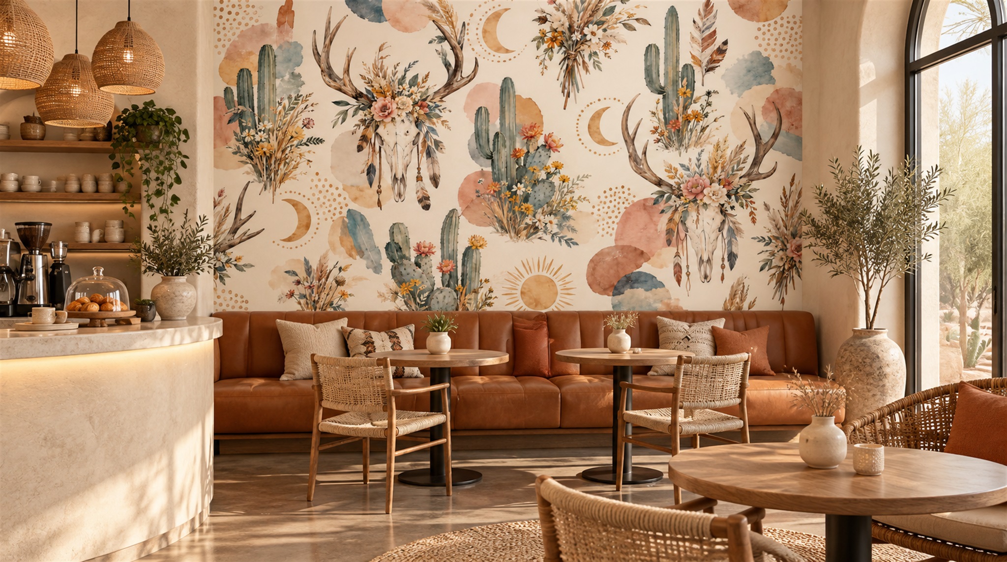 Neutral Leaf Patterning Wallpaper Mural Scene