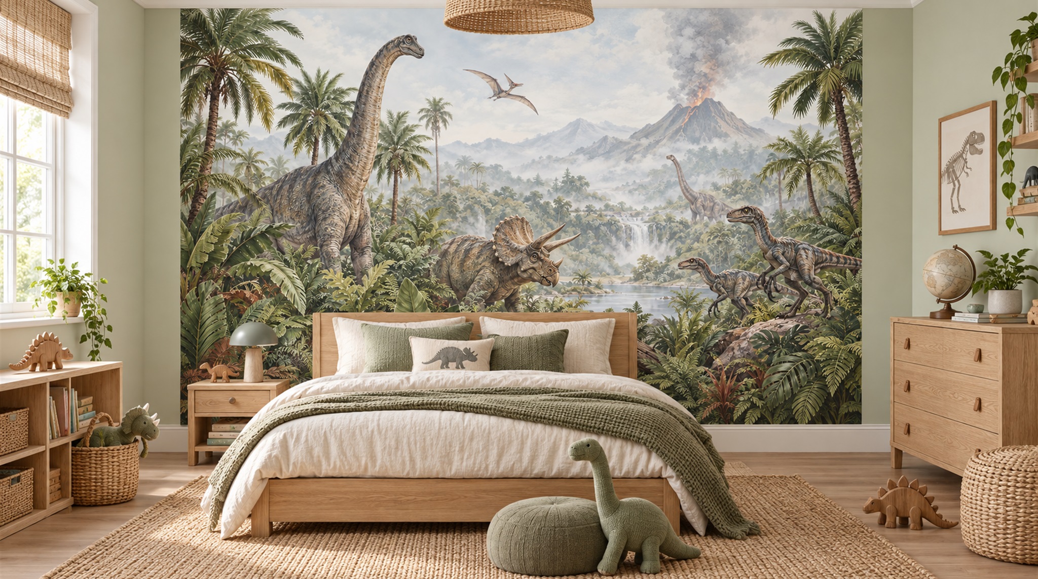 Sage Green Dinosaur Forms Wallpaper Mural Main
