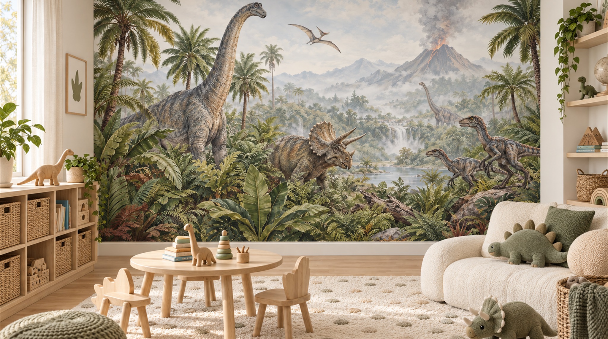 Sage Green Dinosaur Forms Wallpaper Mural Scene