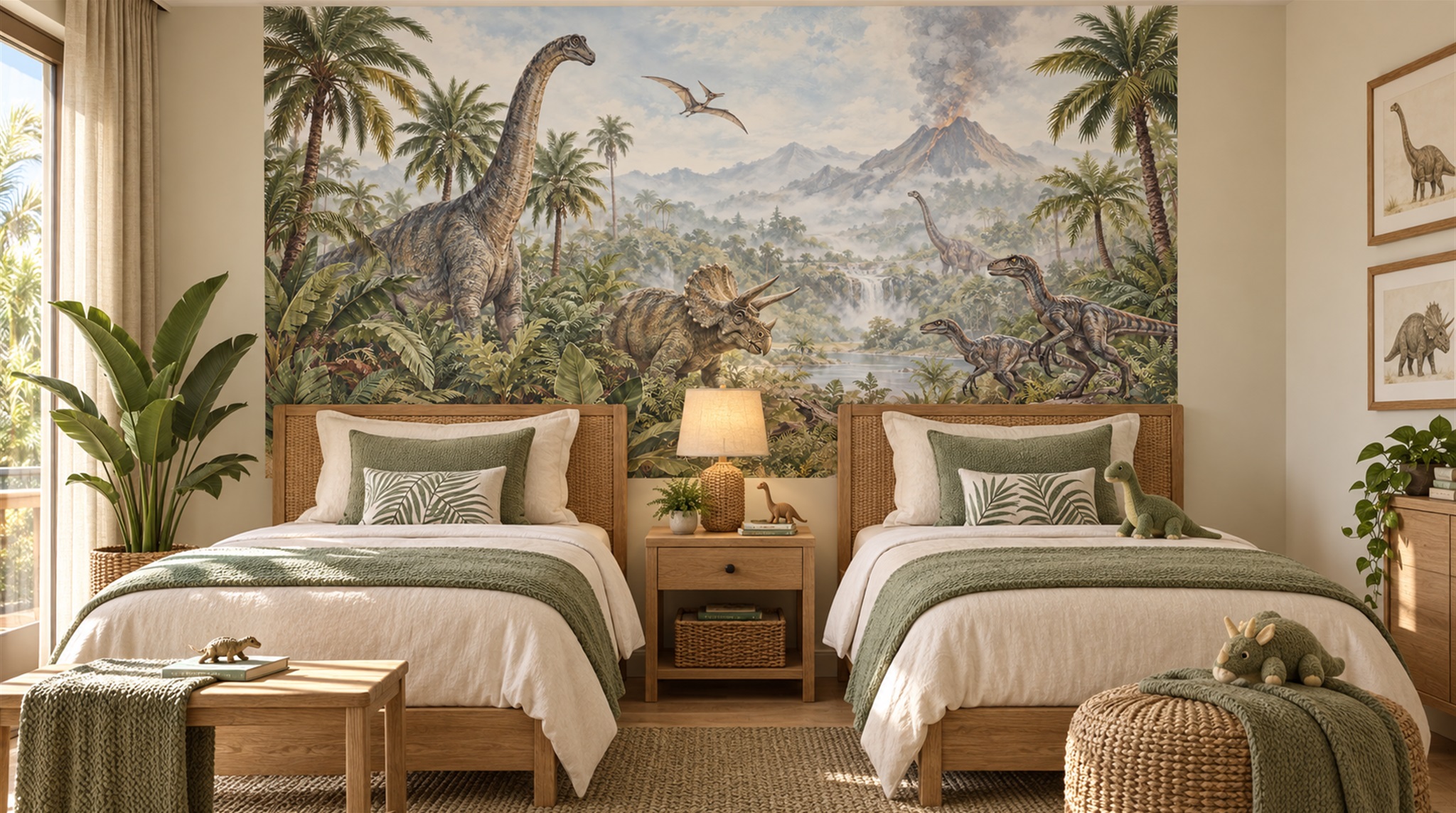 Sage Green Dinosaur Forms Wallpaper Mural Scene