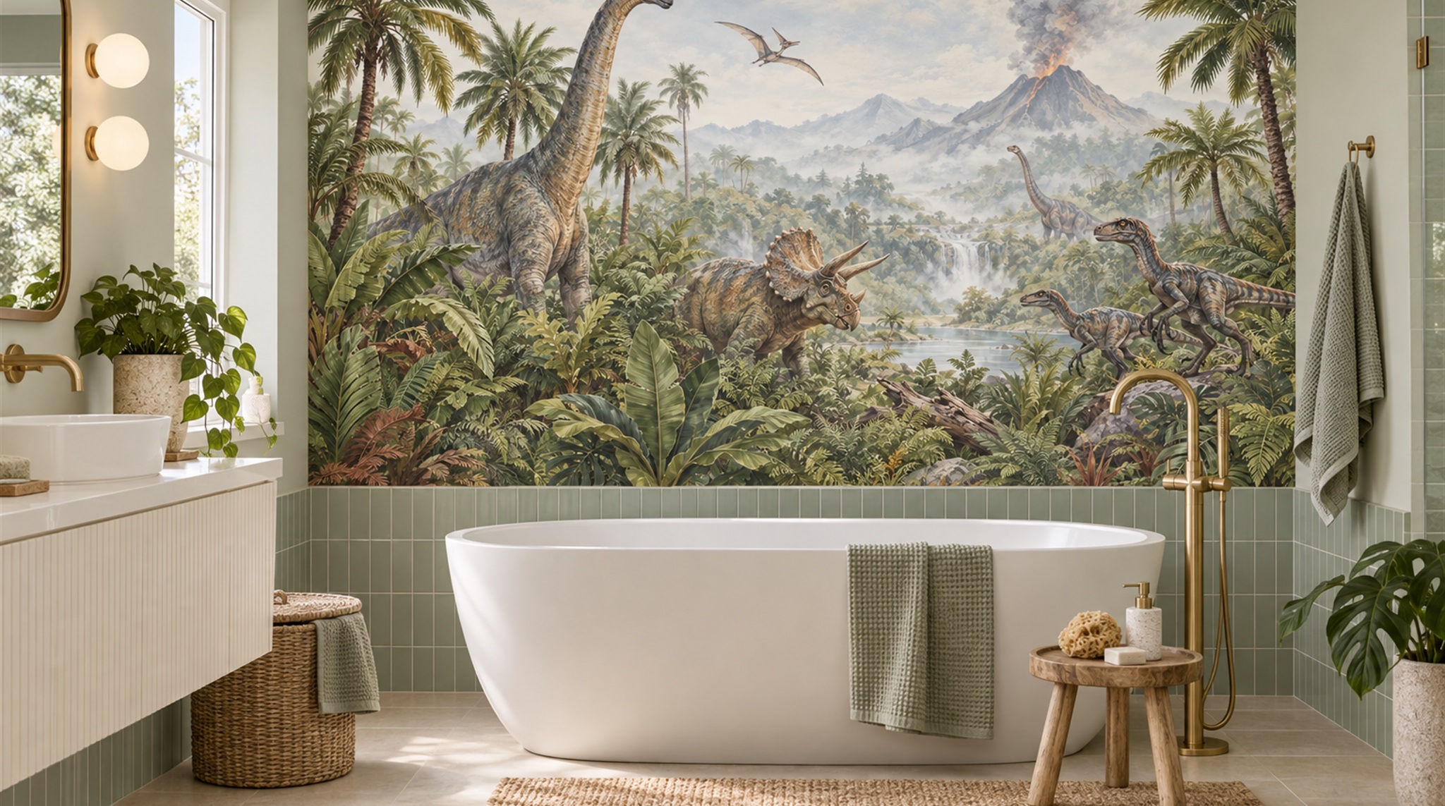 Sage Green Dinosaur Forms Wallpaper Mural Scene