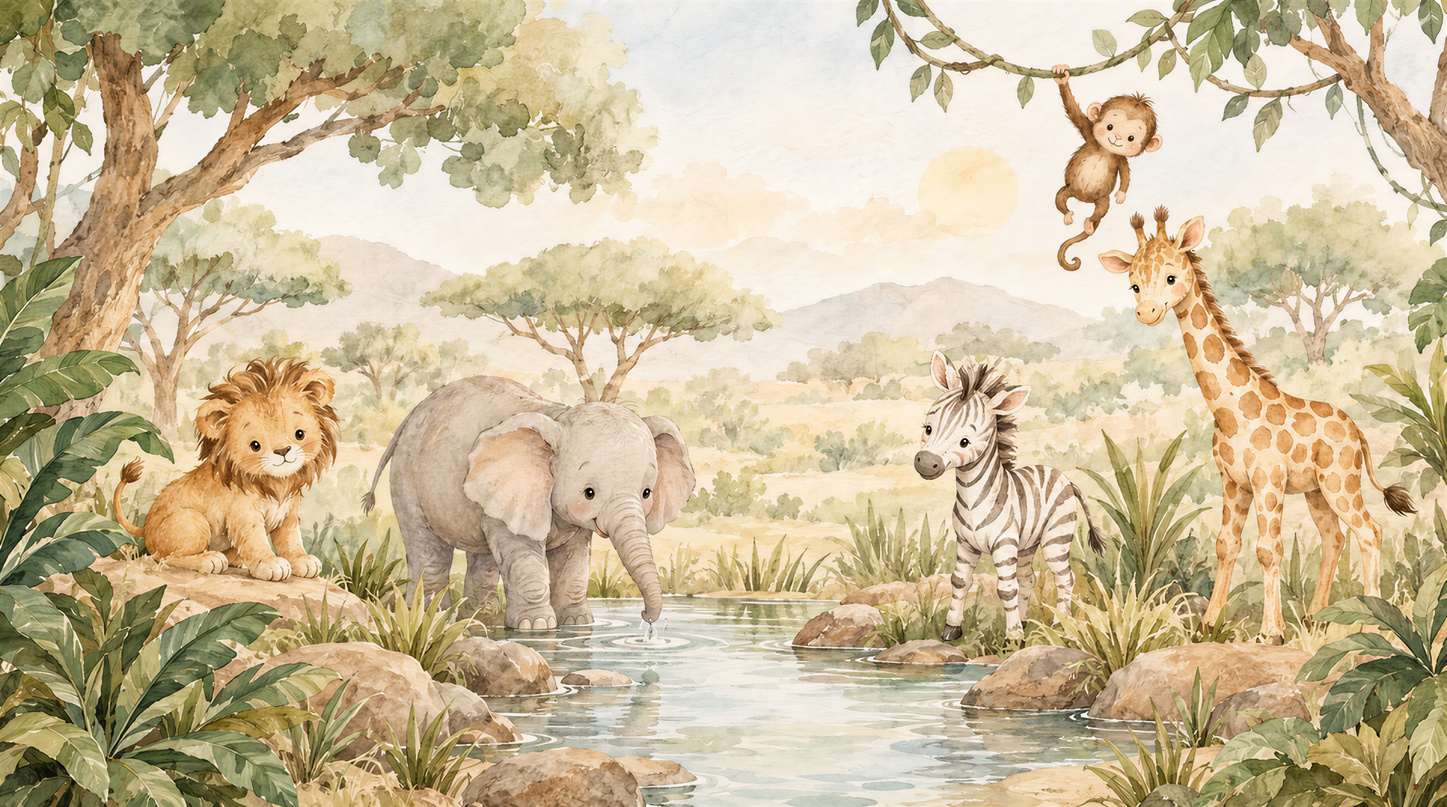 Neutral Safari Animals Wallpaper Mural Scene