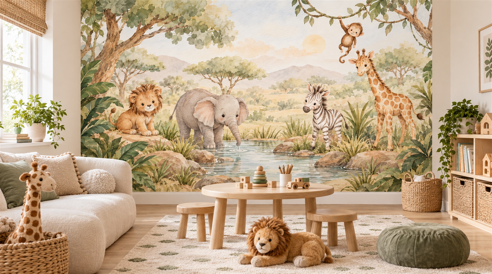 Neutral Safari Animals Wallpaper Mural Scene