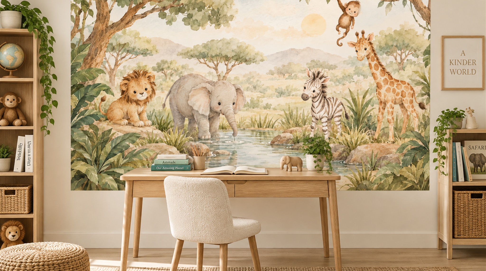 Neutral Safari Animals Wallpaper Mural Scene