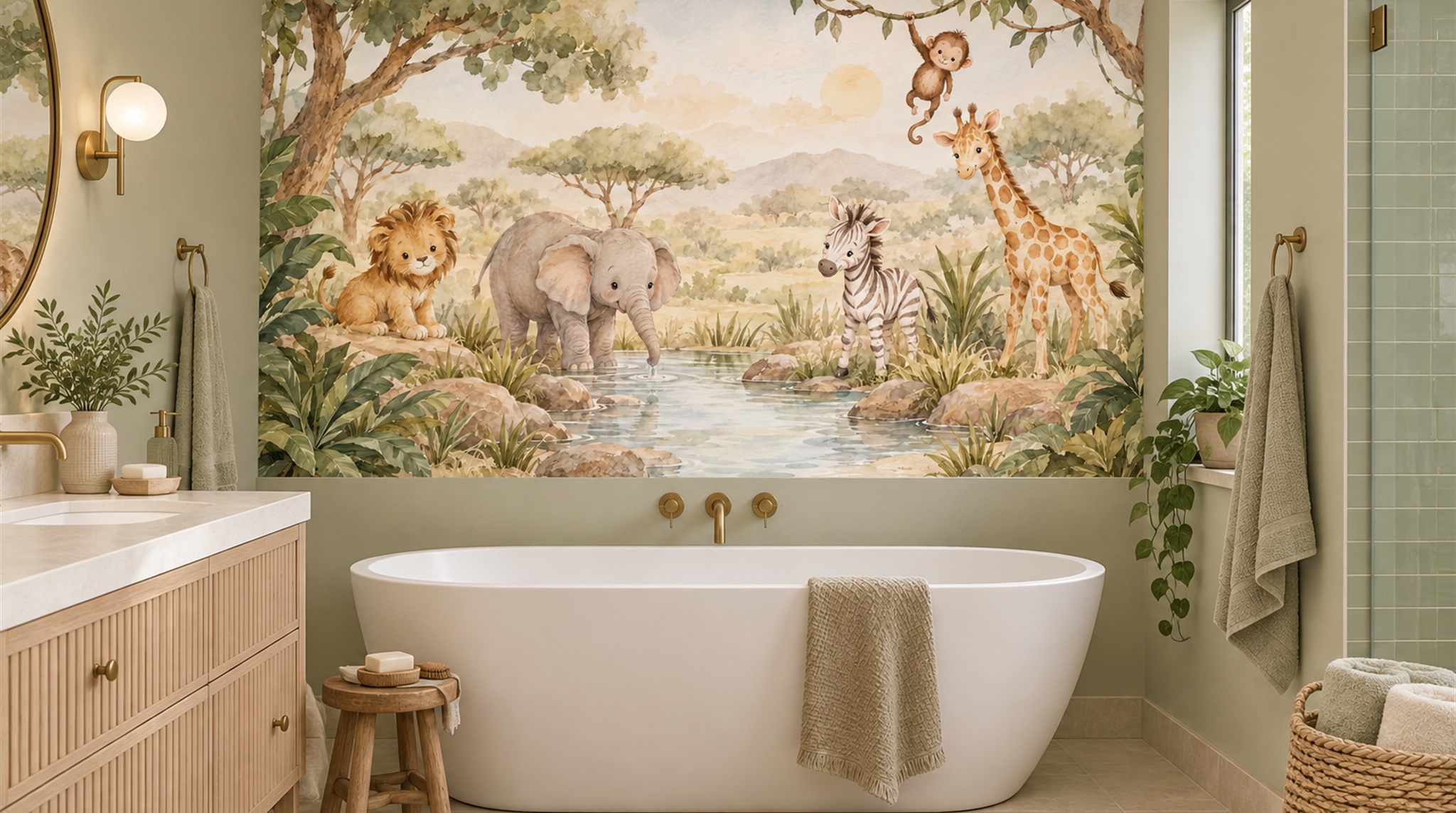 Neutral Safari Animals Wallpaper Mural Scene