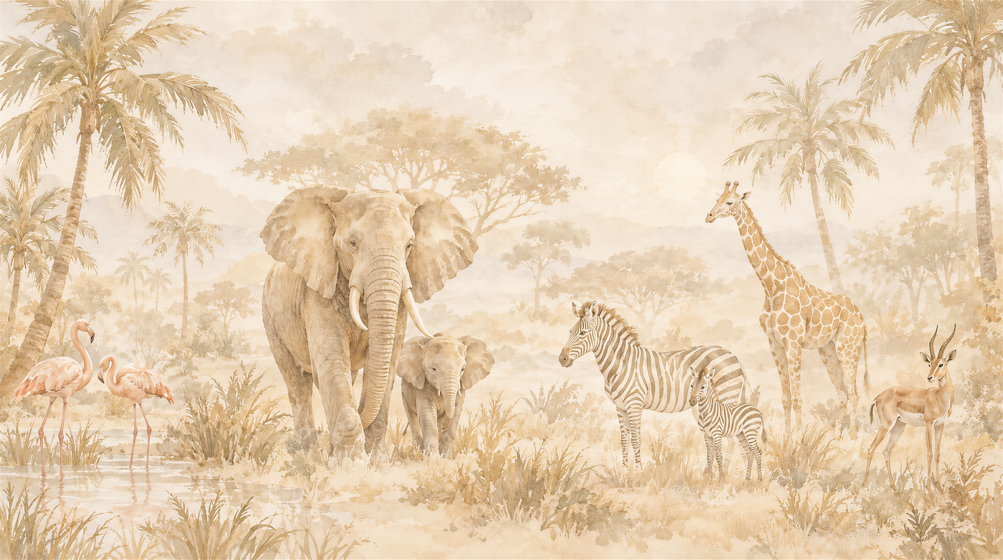 Beige Safari Animals Wallpaper Mural Main