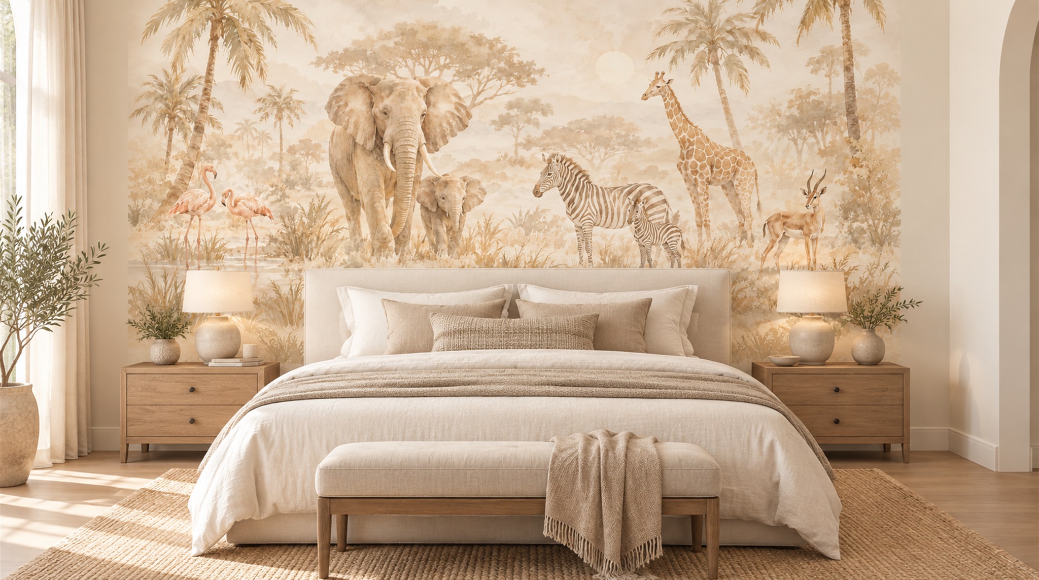 Beige Safari Animals Wallpaper Mural Main