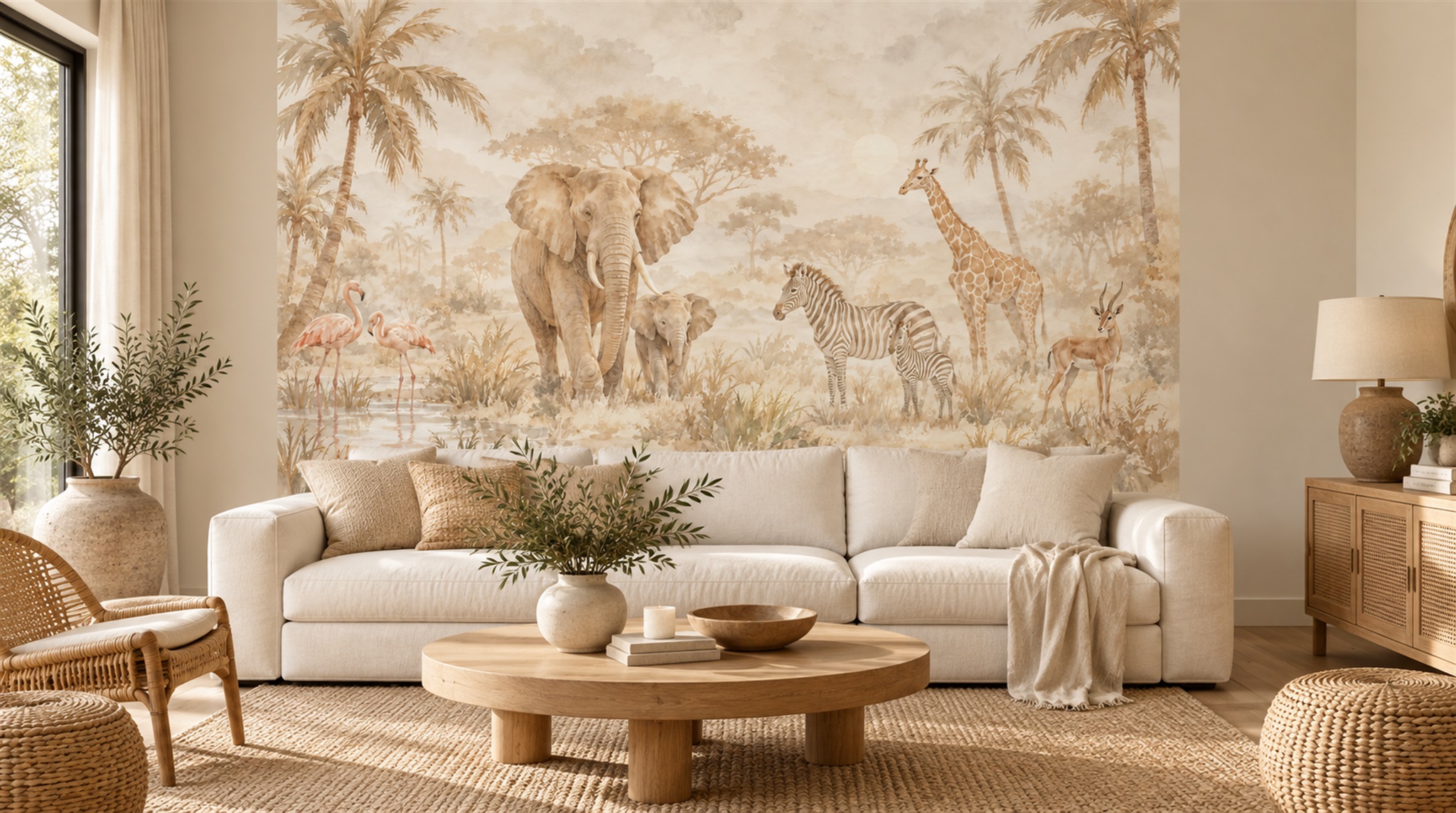 Beige Safari Animals Wallpaper Mural Scene