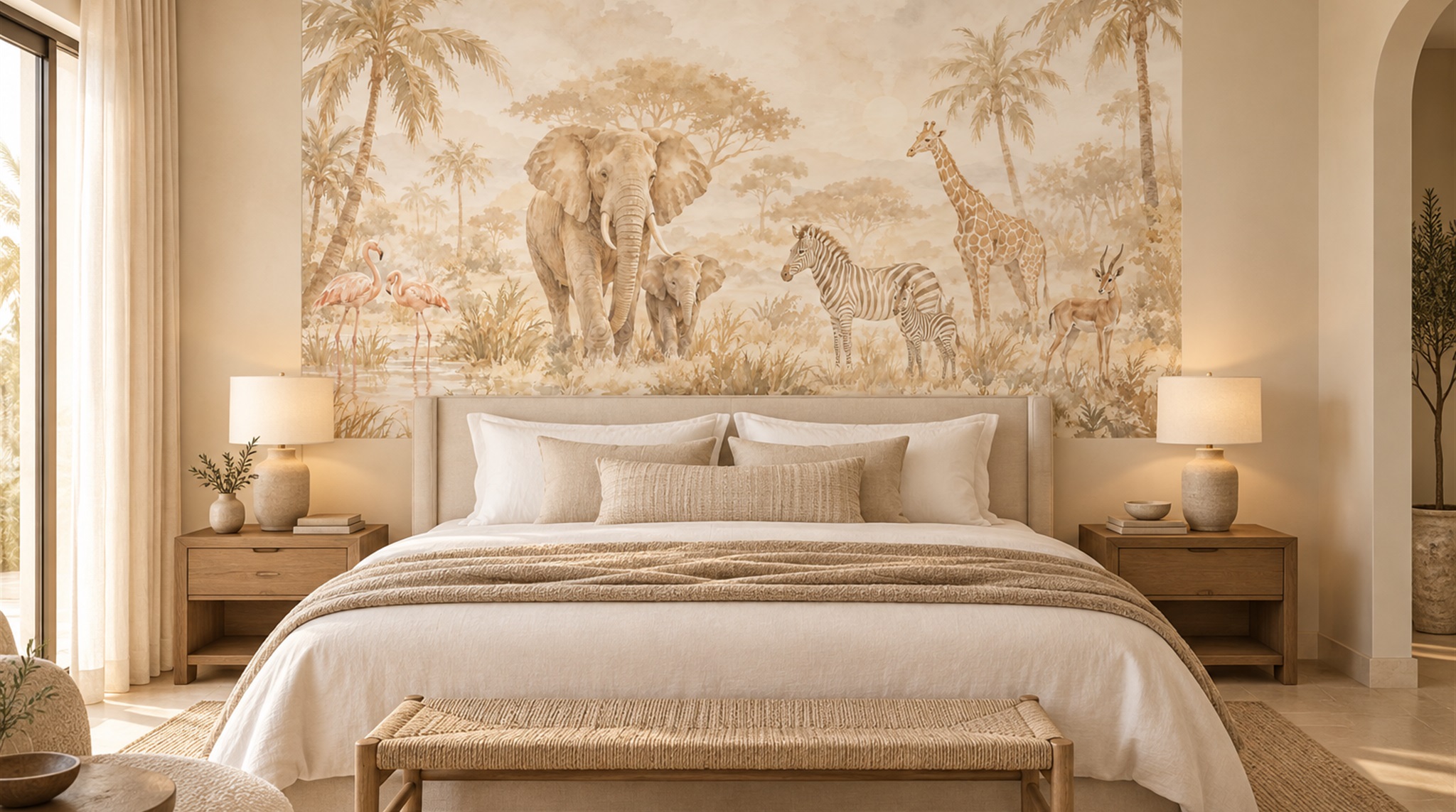 Beige Safari Animals Wallpaper Mural Scene