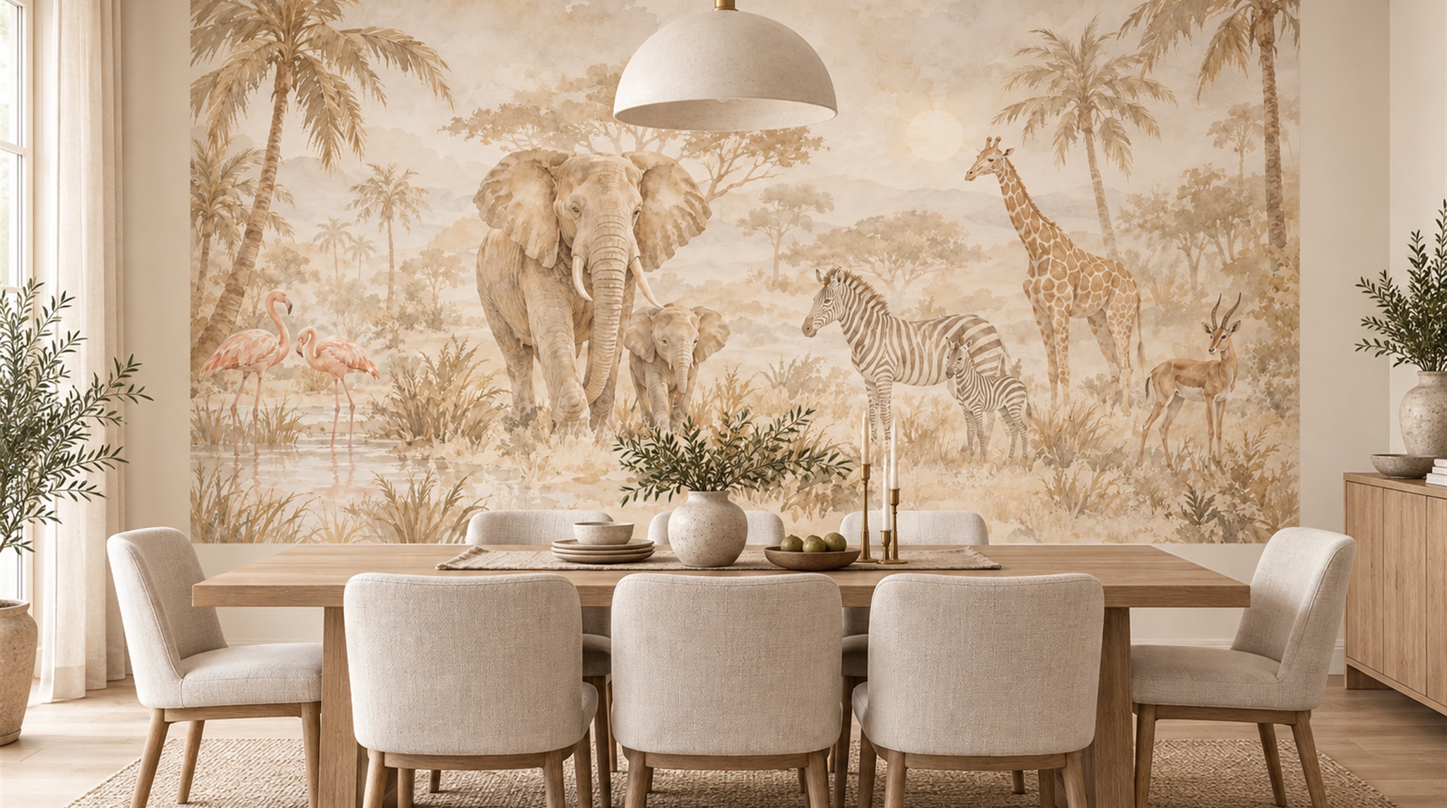 Beige Safari Animals Wallpaper Mural Scene