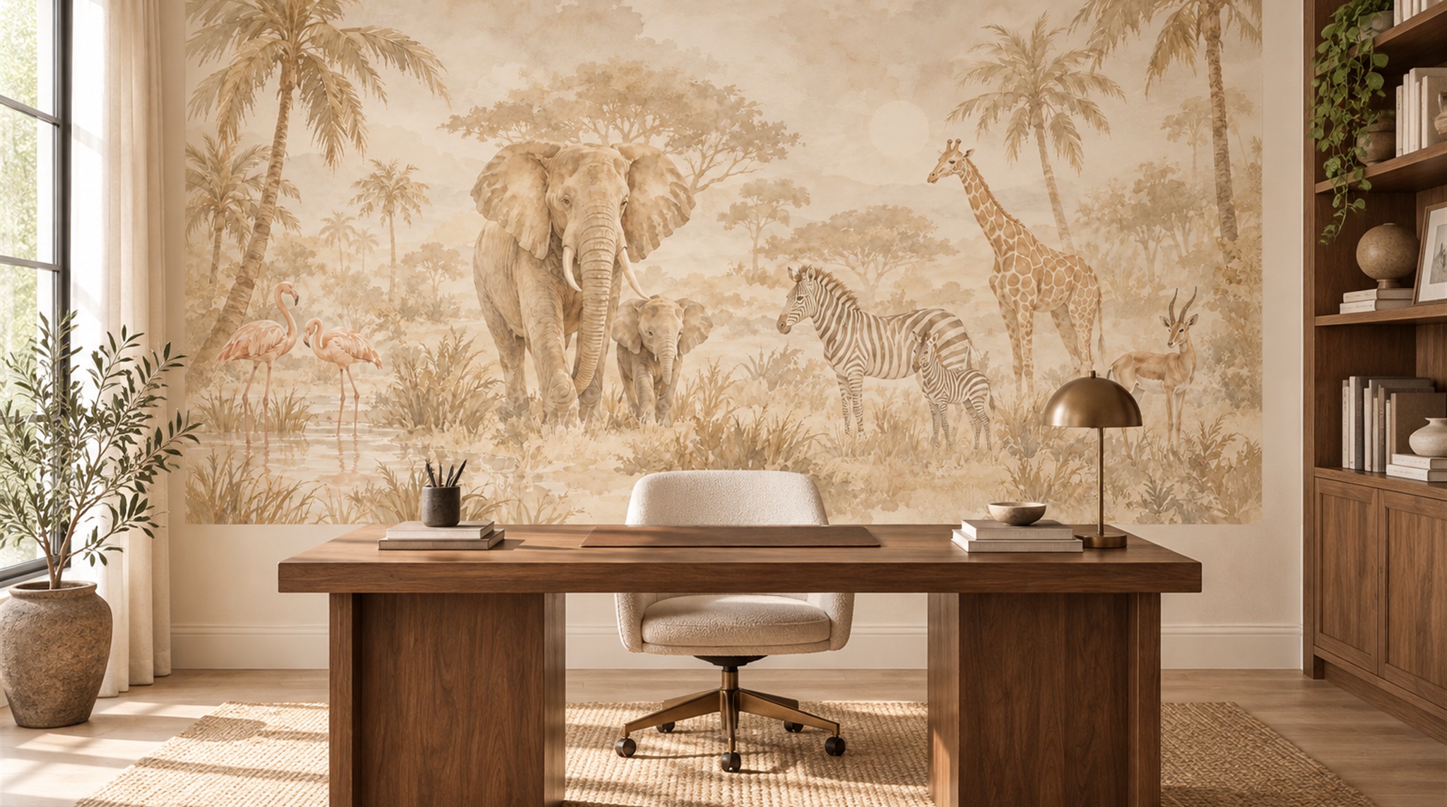Beige Safari Animals Wallpaper Mural Scene