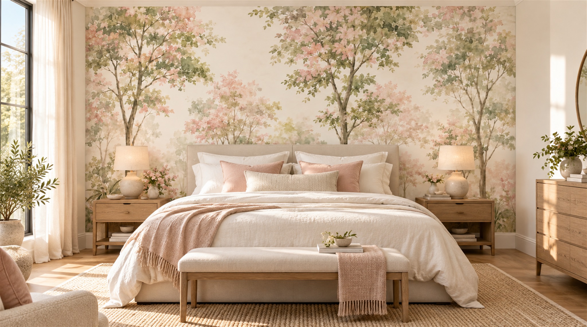 Ivory Woodland Trees Wallpaper Mural Scene