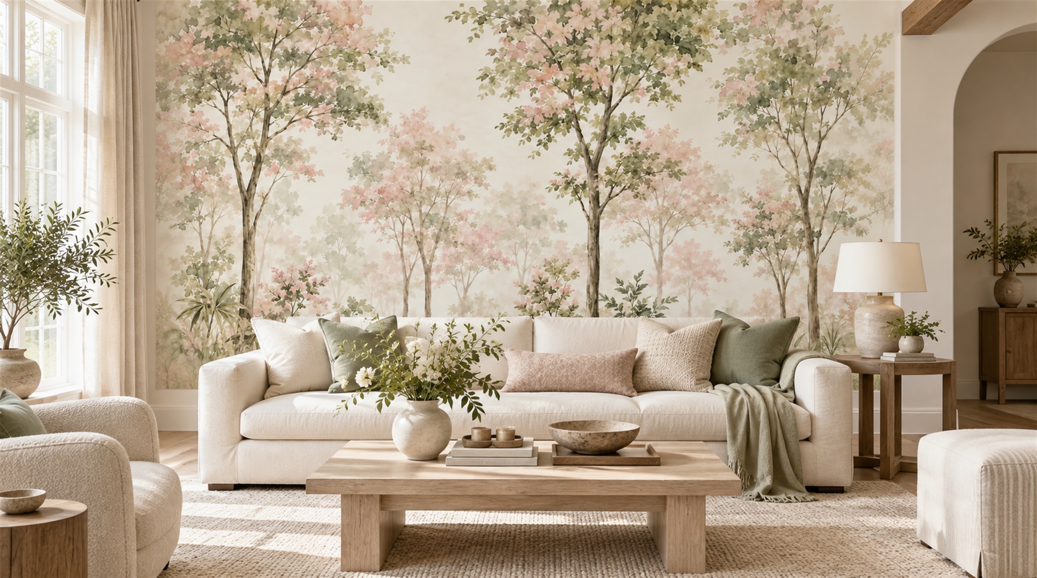 Ivory Woodland Trees Wallpaper Mural Scene