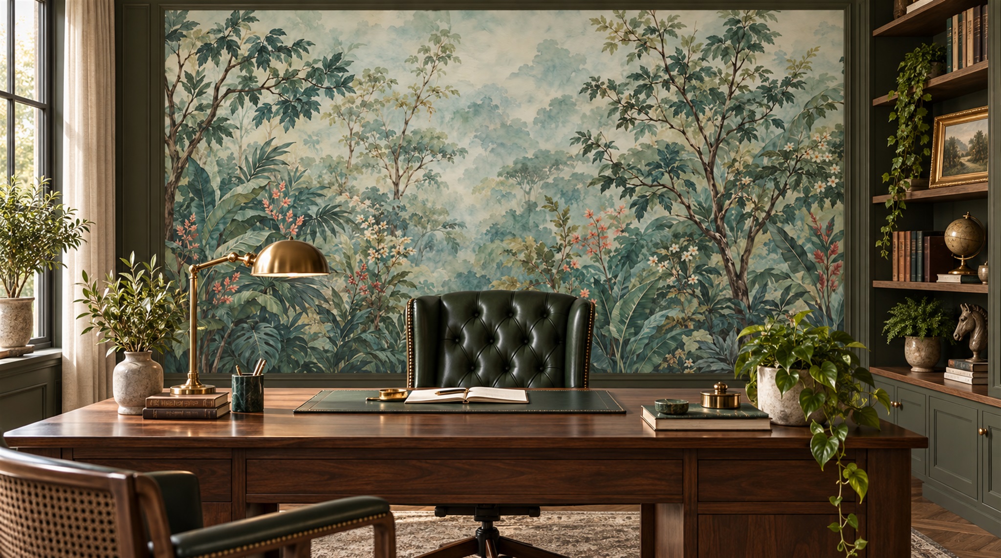 Sage Green Leaf Patterning Wallpaper Mural