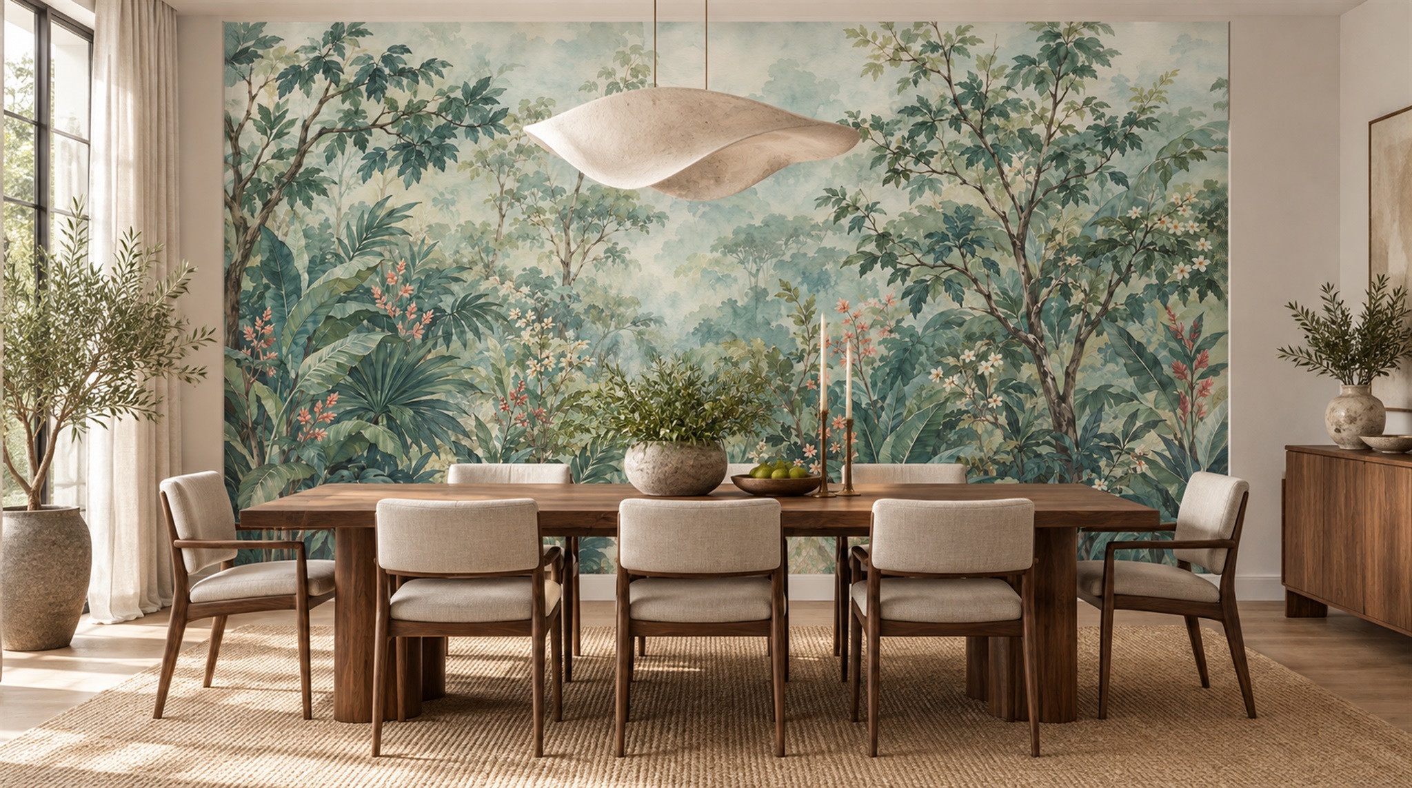 Sage Green Leaf Patterning Wallpaper Mural Scene
