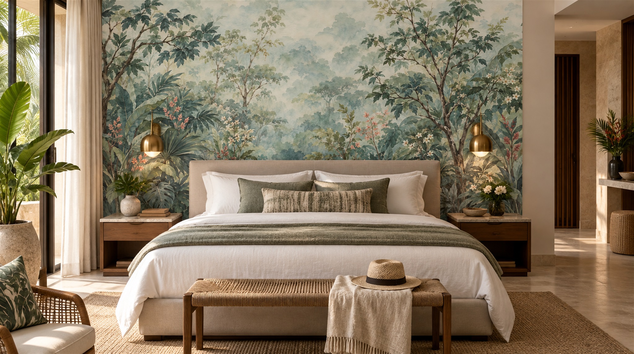 Sage Green Leaf Patterning Wallpaper Mural Scene