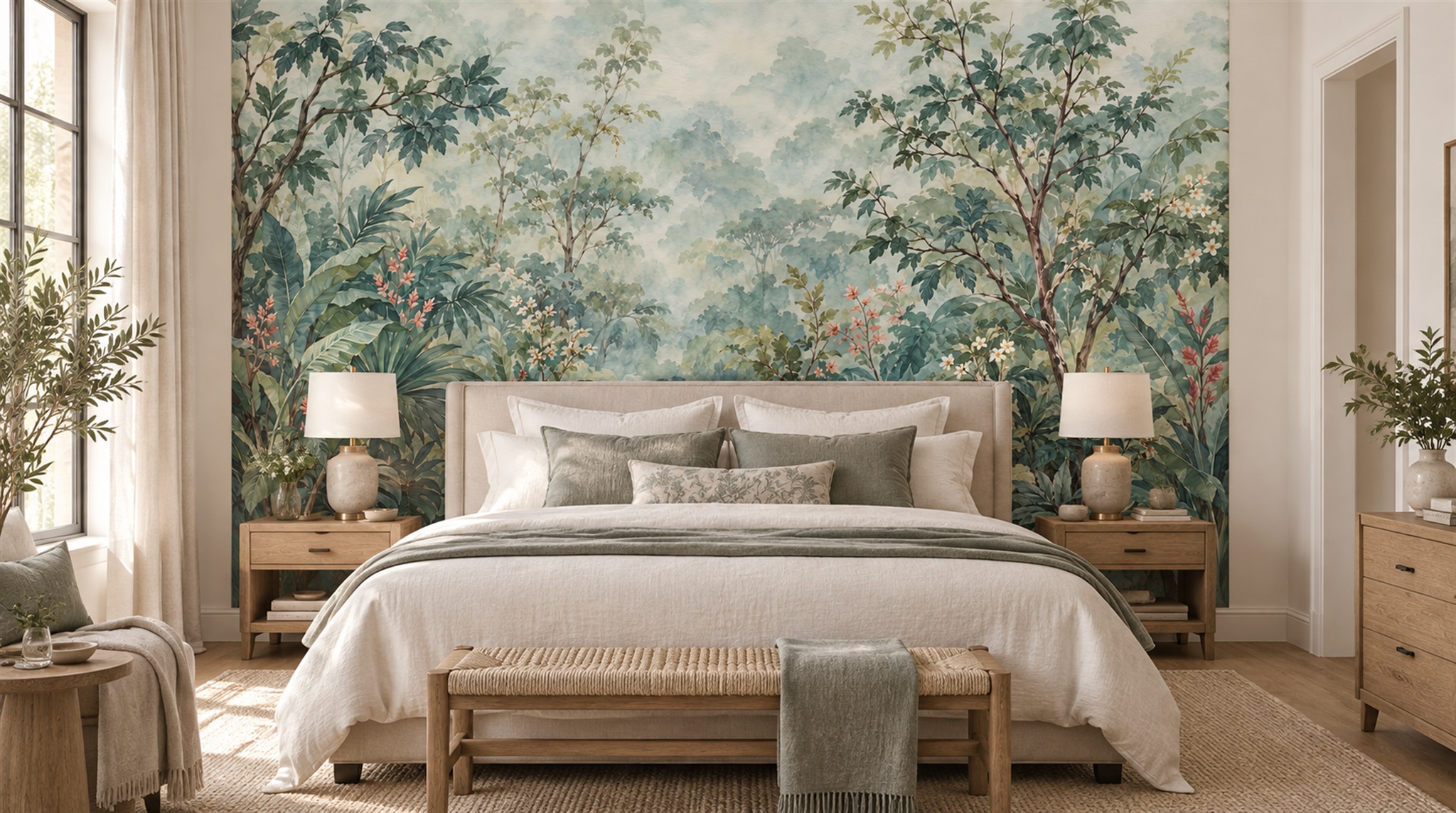 Sage Green Leaf Patterning Wallpaper Mural Scene