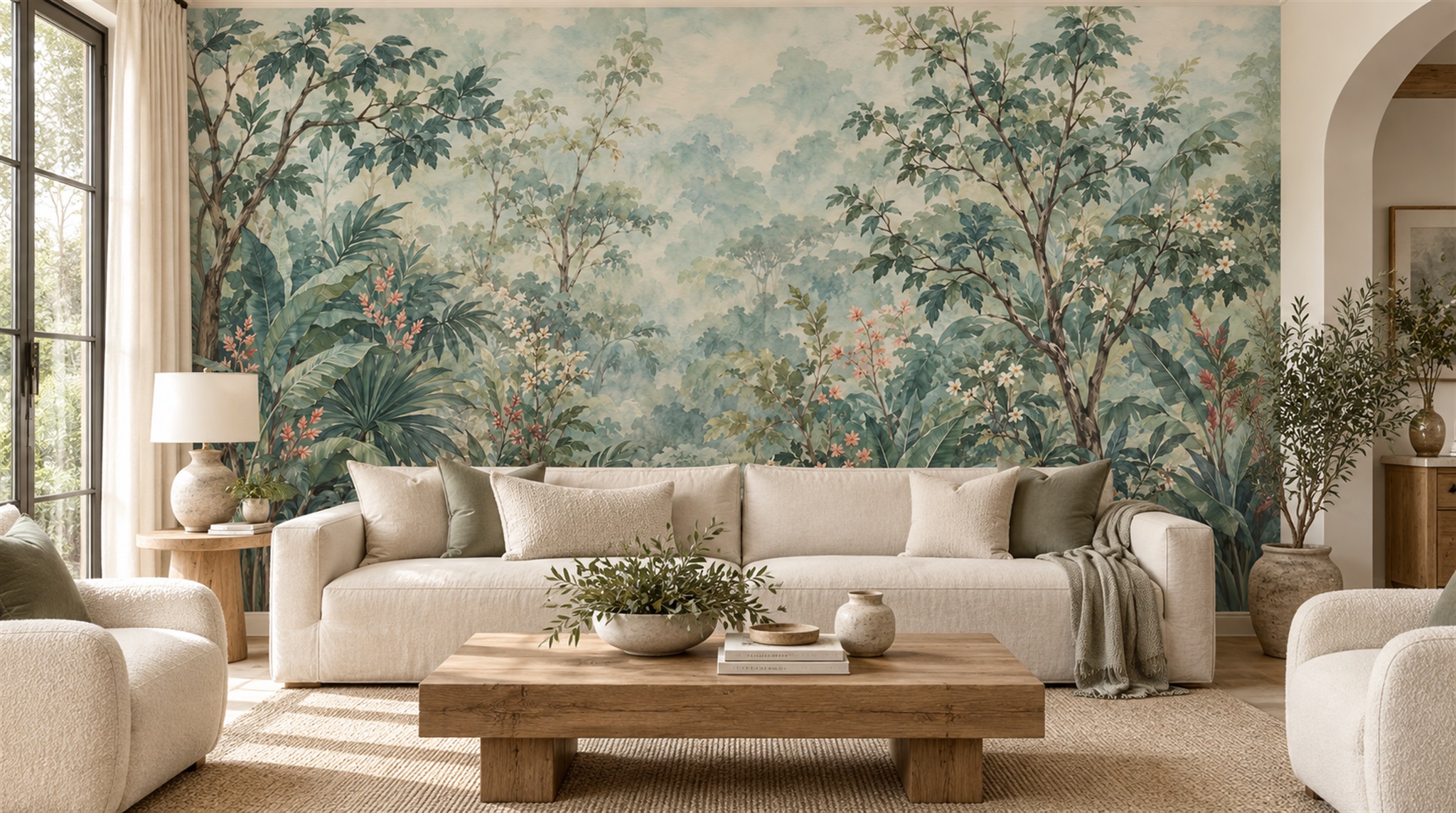 Sage Green Leaf Patterning Wallpaper Mural Scene