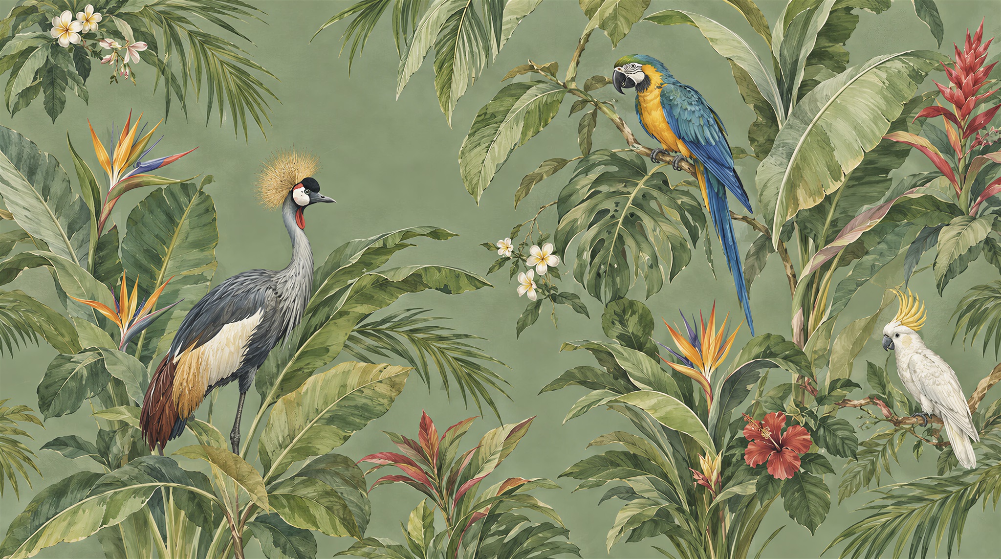 Sage Green Bird Detailing Wallpaper Mural Main