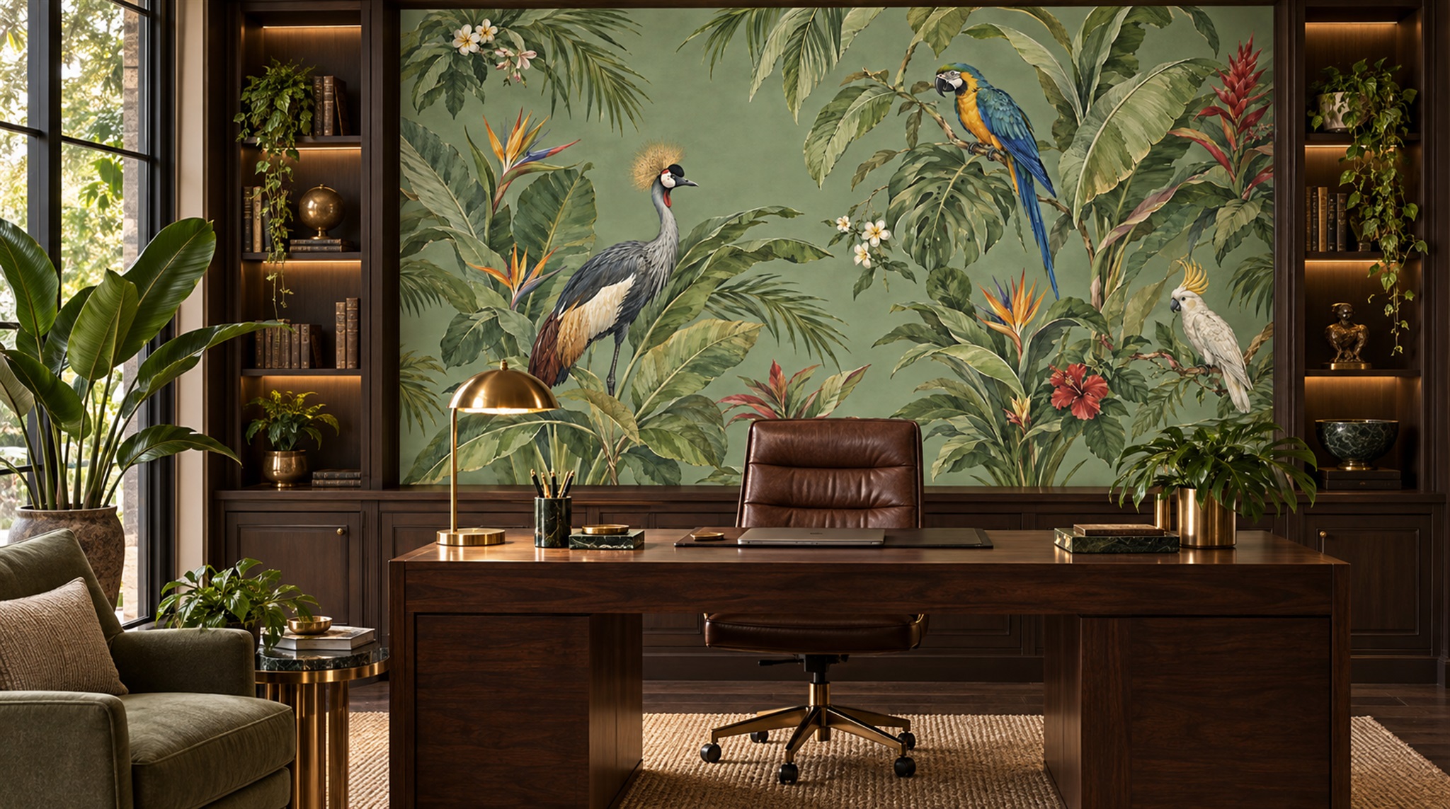 Sage Green Bird Detailing Wallpaper Mural Main