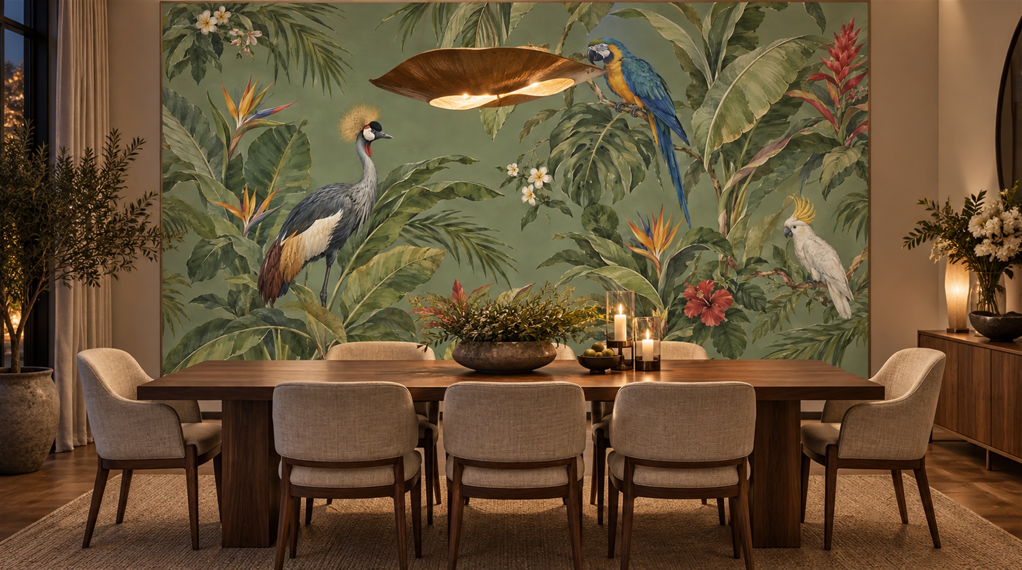 Sage Green Bird Detailing Wallpaper Mural Scene